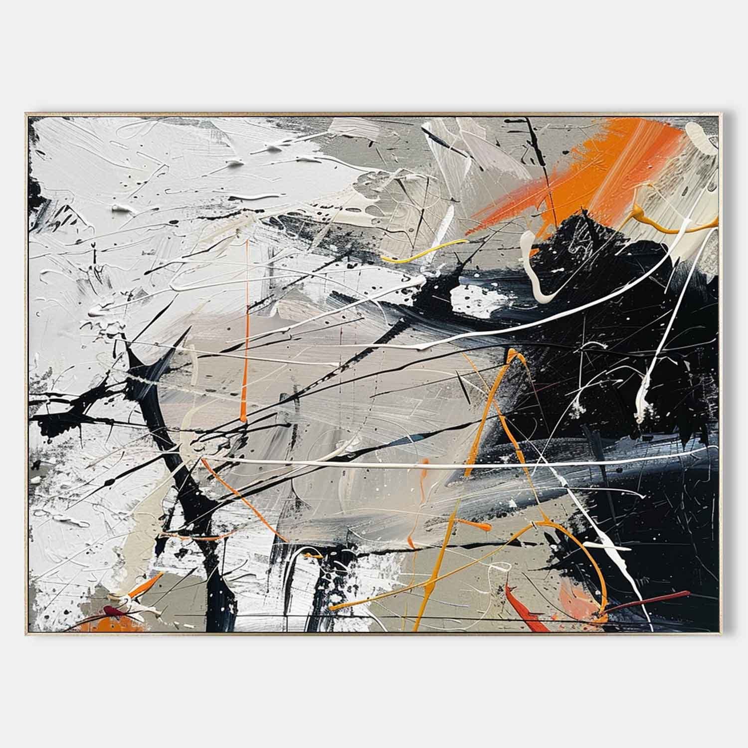 Pollock Inspired Abstract Expressionism Oil Painting – Grey, White and Orange Canvas Art  242AA