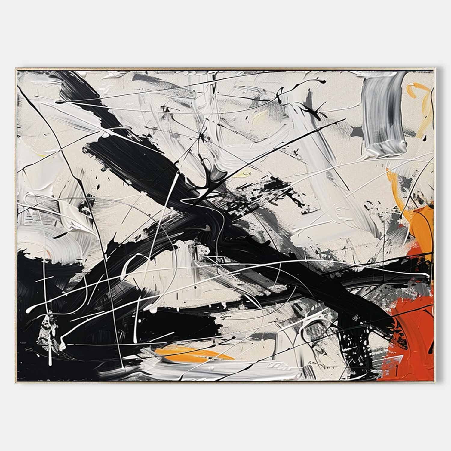 Pollock Inspired Abstract Expressionism Oil Painting – Black, White and Orange Canvas Art  241AA