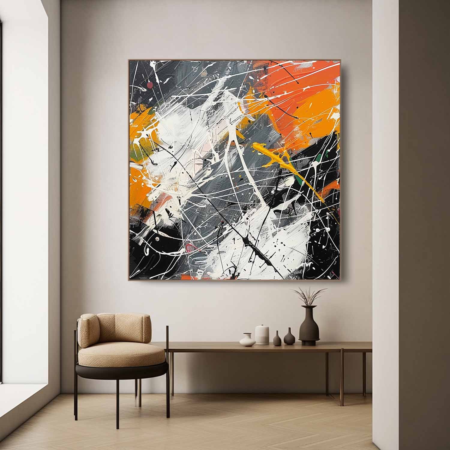 Pollock Inspired Abstract Expressionism Oil Painting – Orange, White and Black Splatter Canvas 239AA