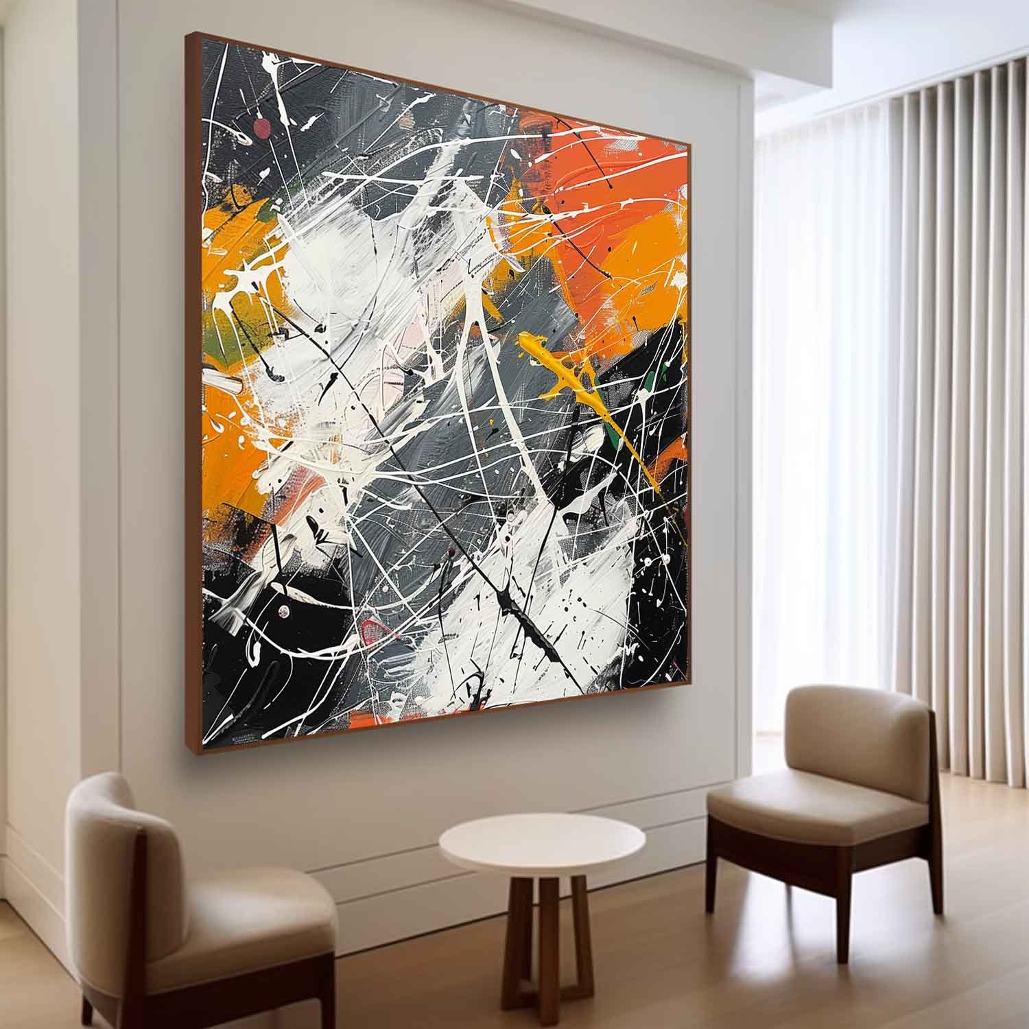 Pollock Inspired Abstract Expressionism Oil Painting – Orange, White and Black Splatter Canvas 239AA