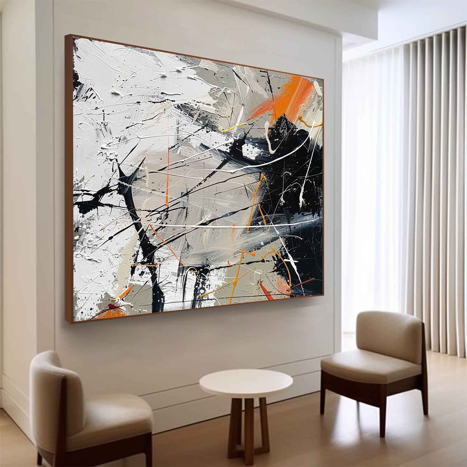 Pollock Inspired Abstract Expressionism Oil Painting – Grey, White and Orange Canvas Art  242AA