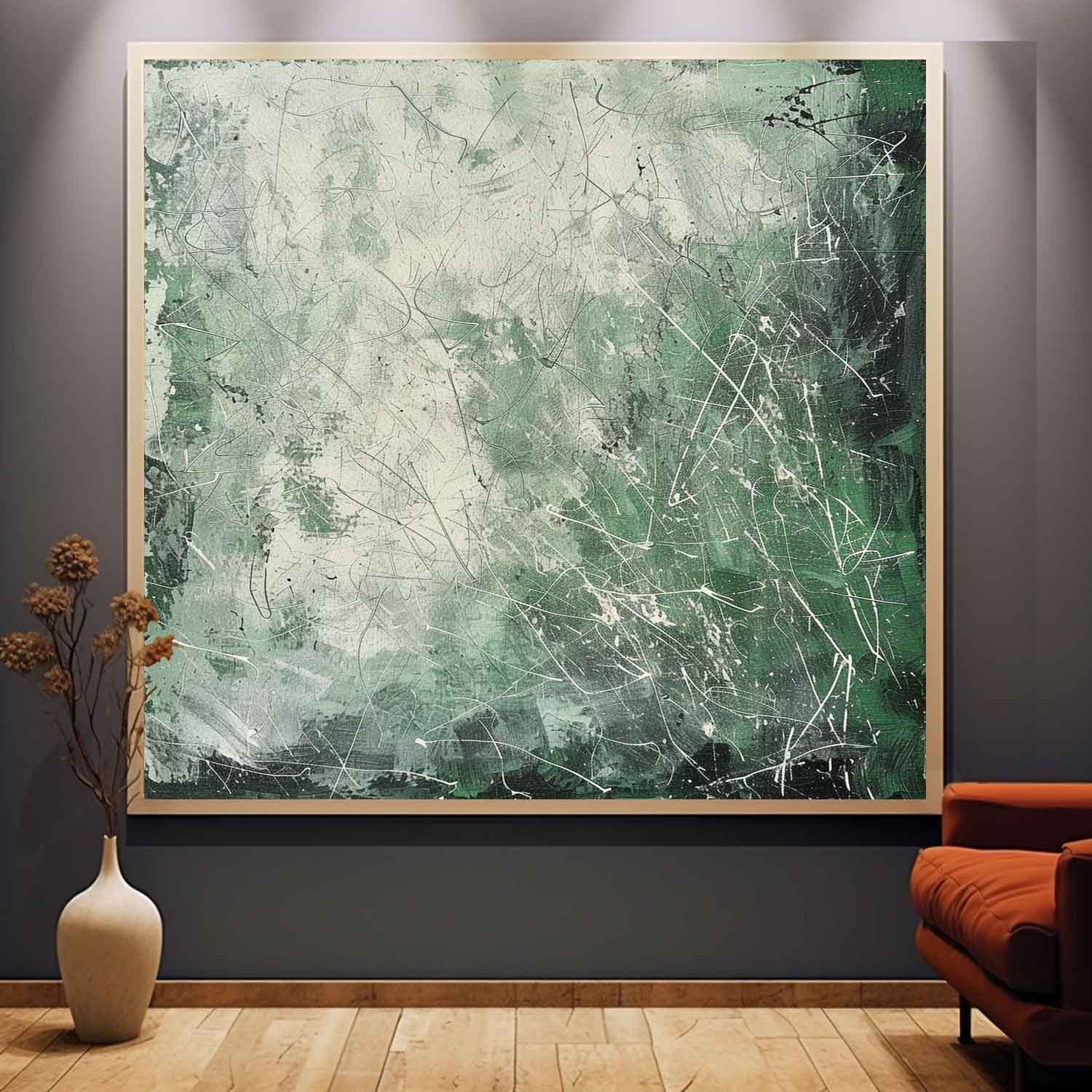 Pollock Inspired Abstract Expressionism Oil Painting – Green and White Canvas Art 244AA