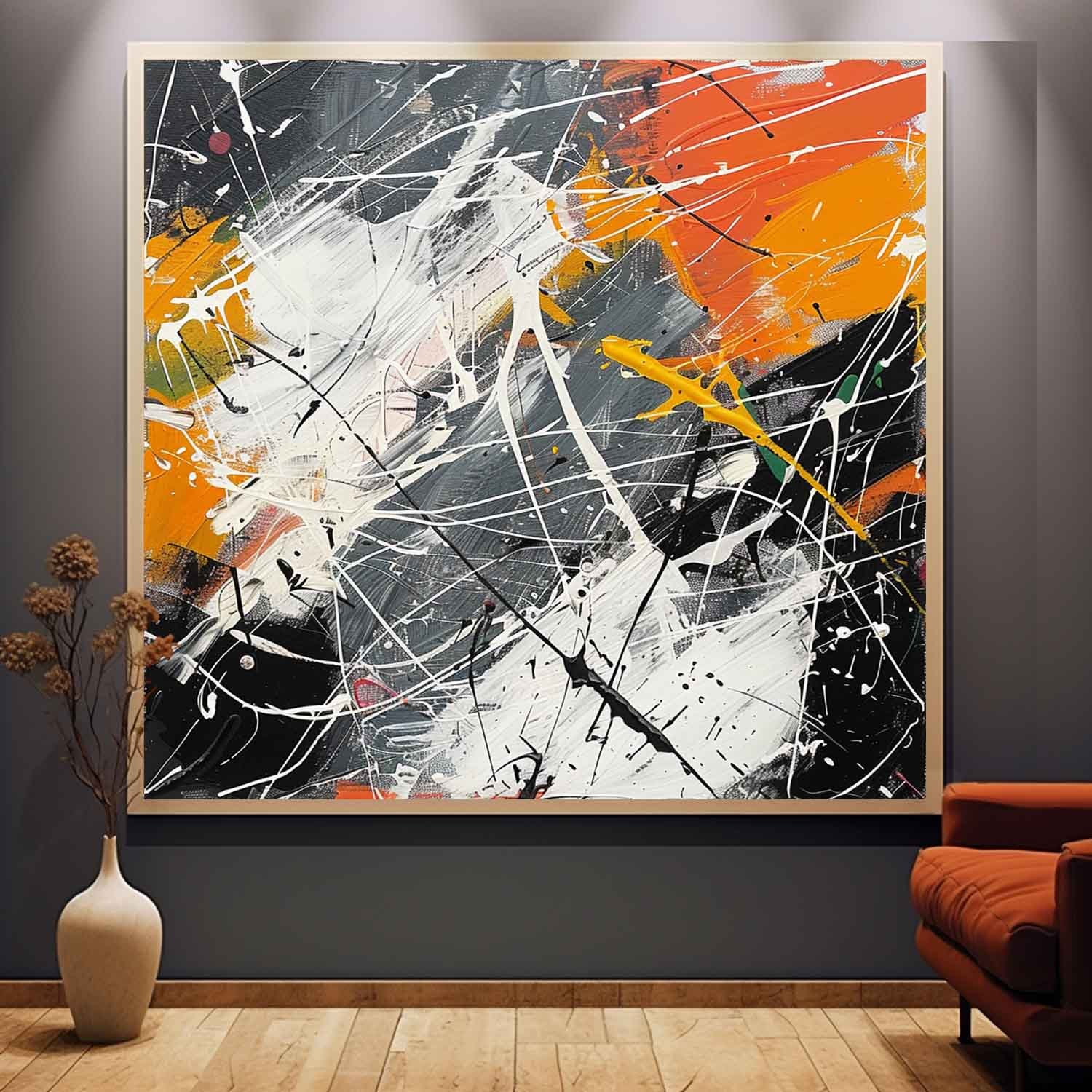 Pollock Inspired Abstract Expressionism Oil Painting – Orange, White and Black Splatter Canvas 239AA