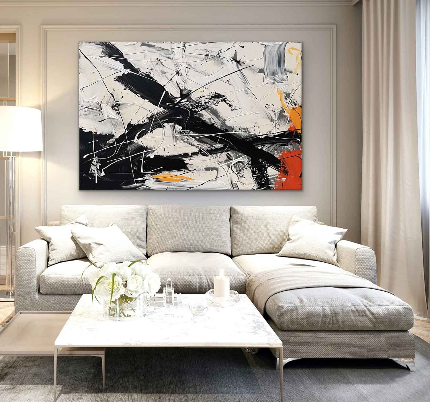 Pollock Inspired Abstract Expressionism Oil Painting – Black, White and Orange Canvas Art  241AA
