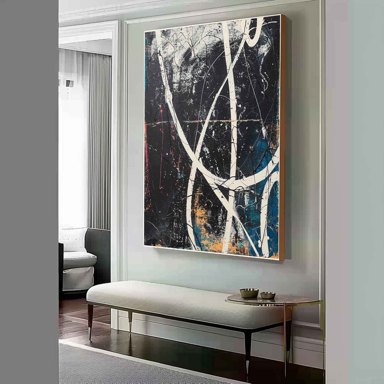 Pollock Inspired Abstract Expressionism Oil Painting – Black, White and Blue Canvas Art 240AA