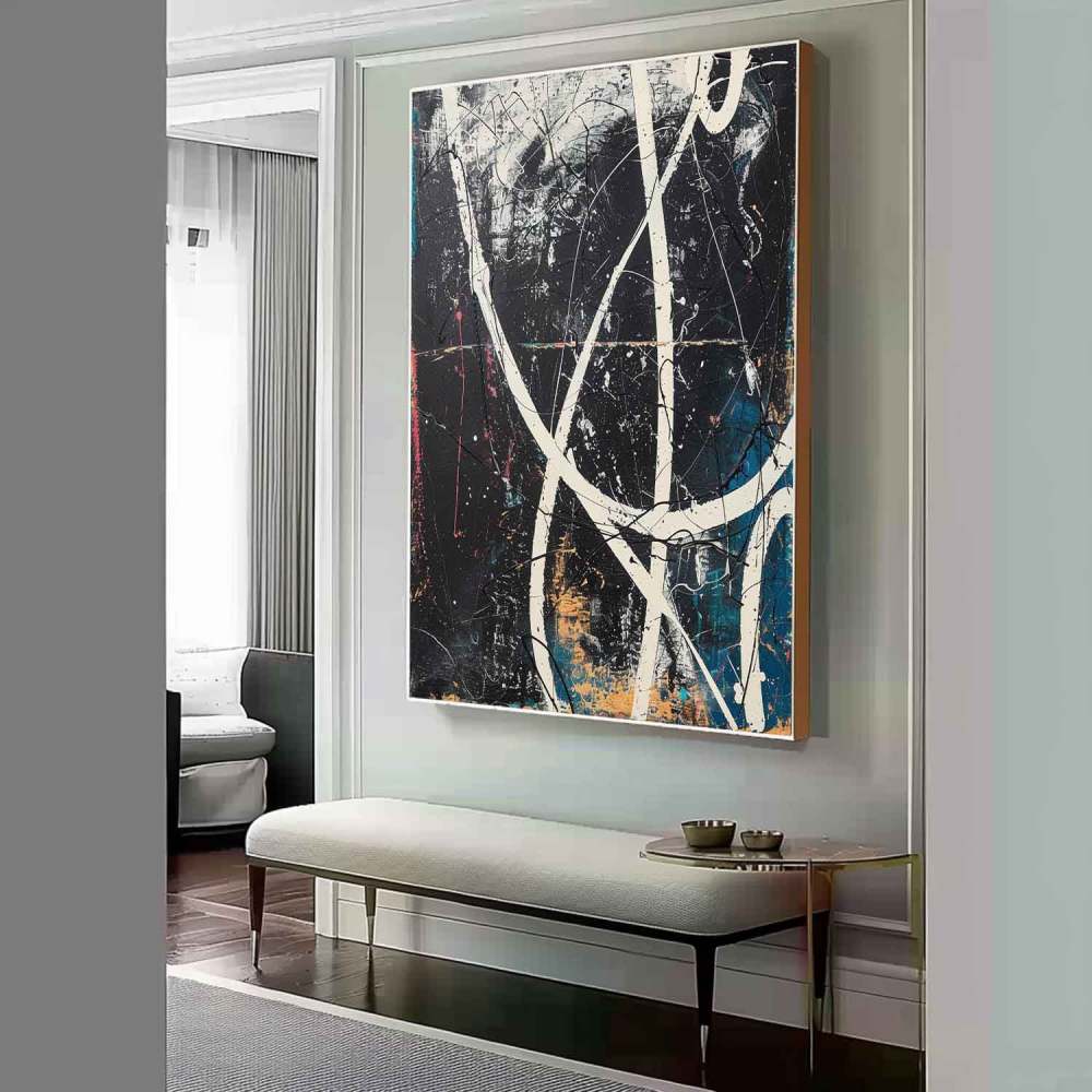 Pollock Inspired Abstract Expressionism Oil Painting – Black, White and Blue Canvas Art 240AA