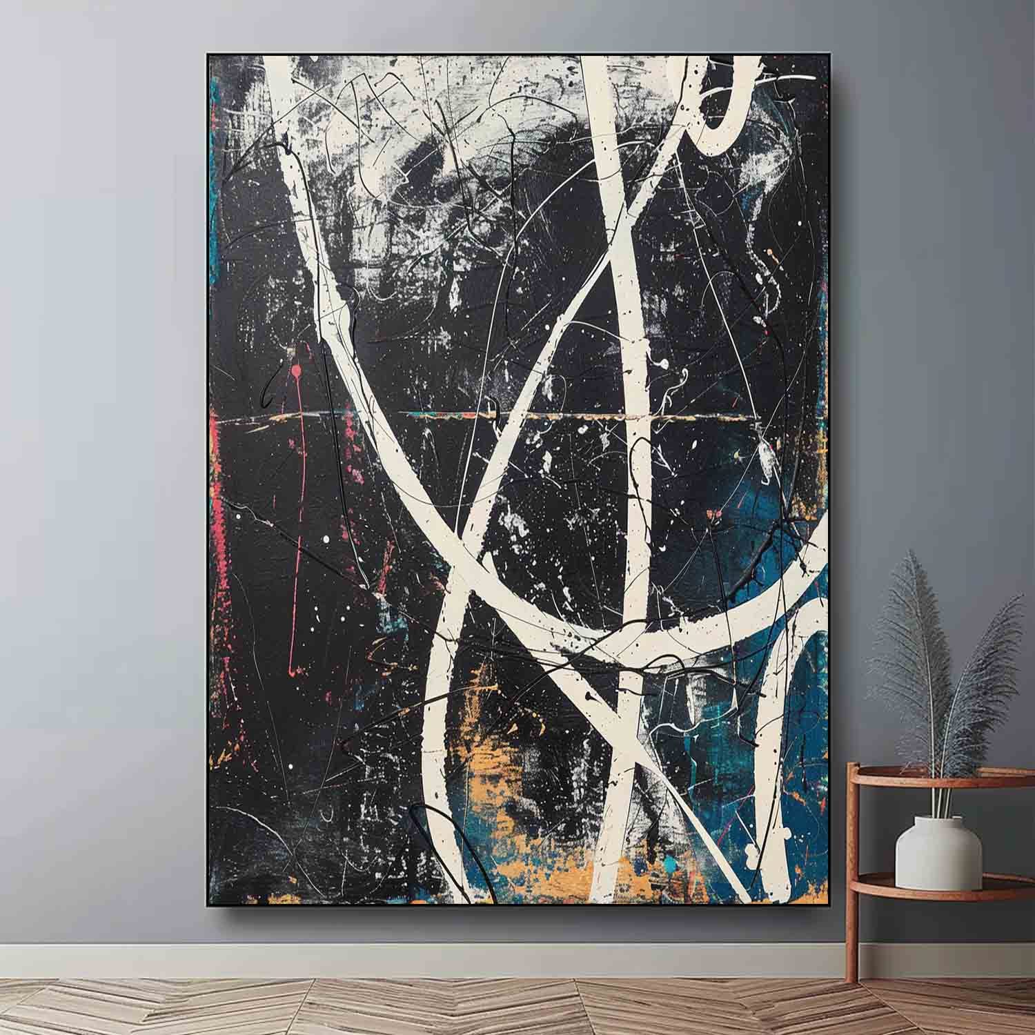 Pollock Inspired Abstract Expressionism Oil Painting – Black, White and Blue Canvas Art 240AA