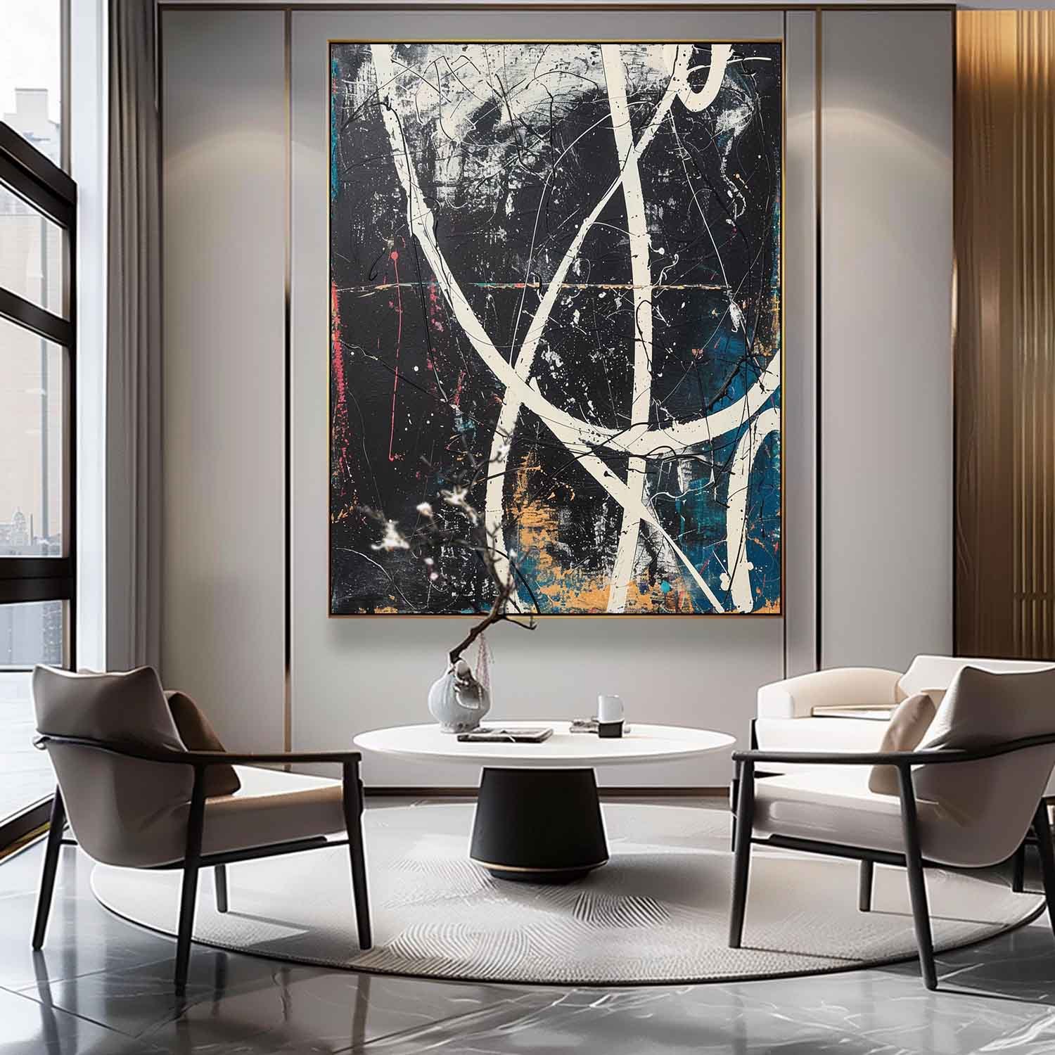 Pollock Inspired Abstract Expressionism Oil Painting – Black, White and Blue Canvas Art 240AA