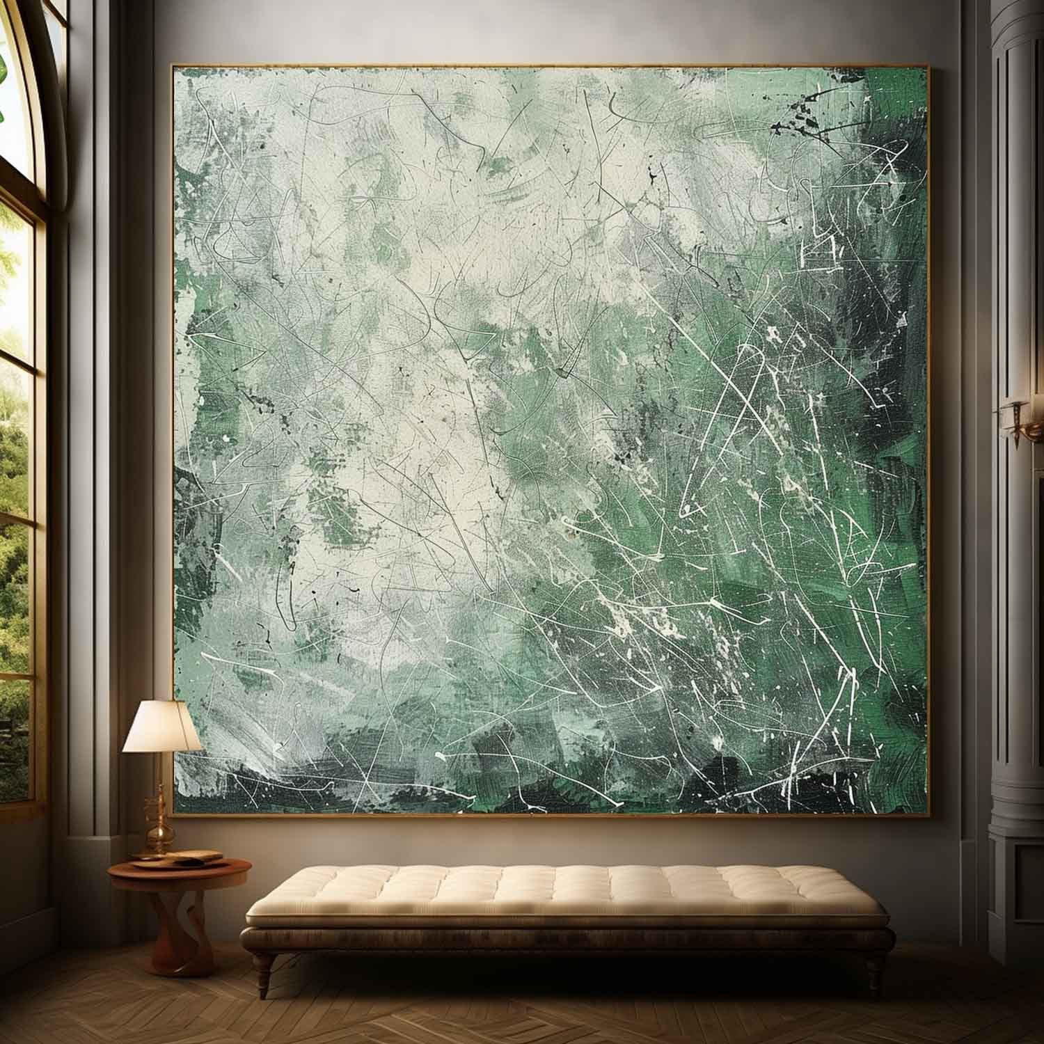 Pollock Inspired Abstract Expressionism Oil Painting – Green and White Canvas Art 244AA