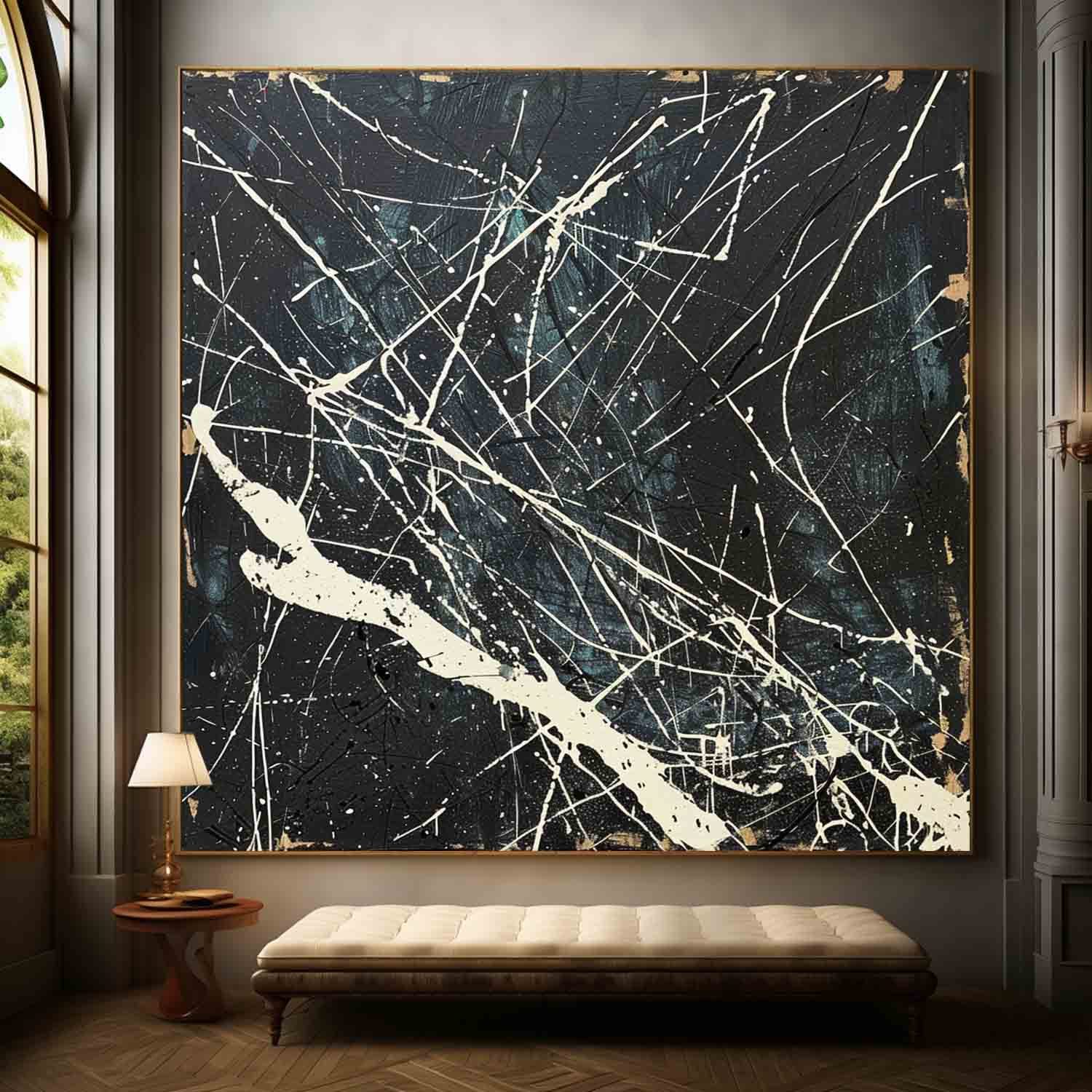 Pollock Inspired Abstract Expressionism Oil Painting – Black Canvas with White Drip Lines 243AA