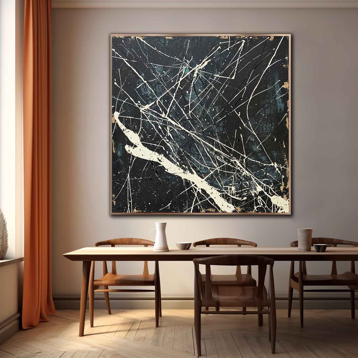 Pollock Inspired Abstract Expressionism Oil Painting – Black Canvas with White Drip Lines 243AA