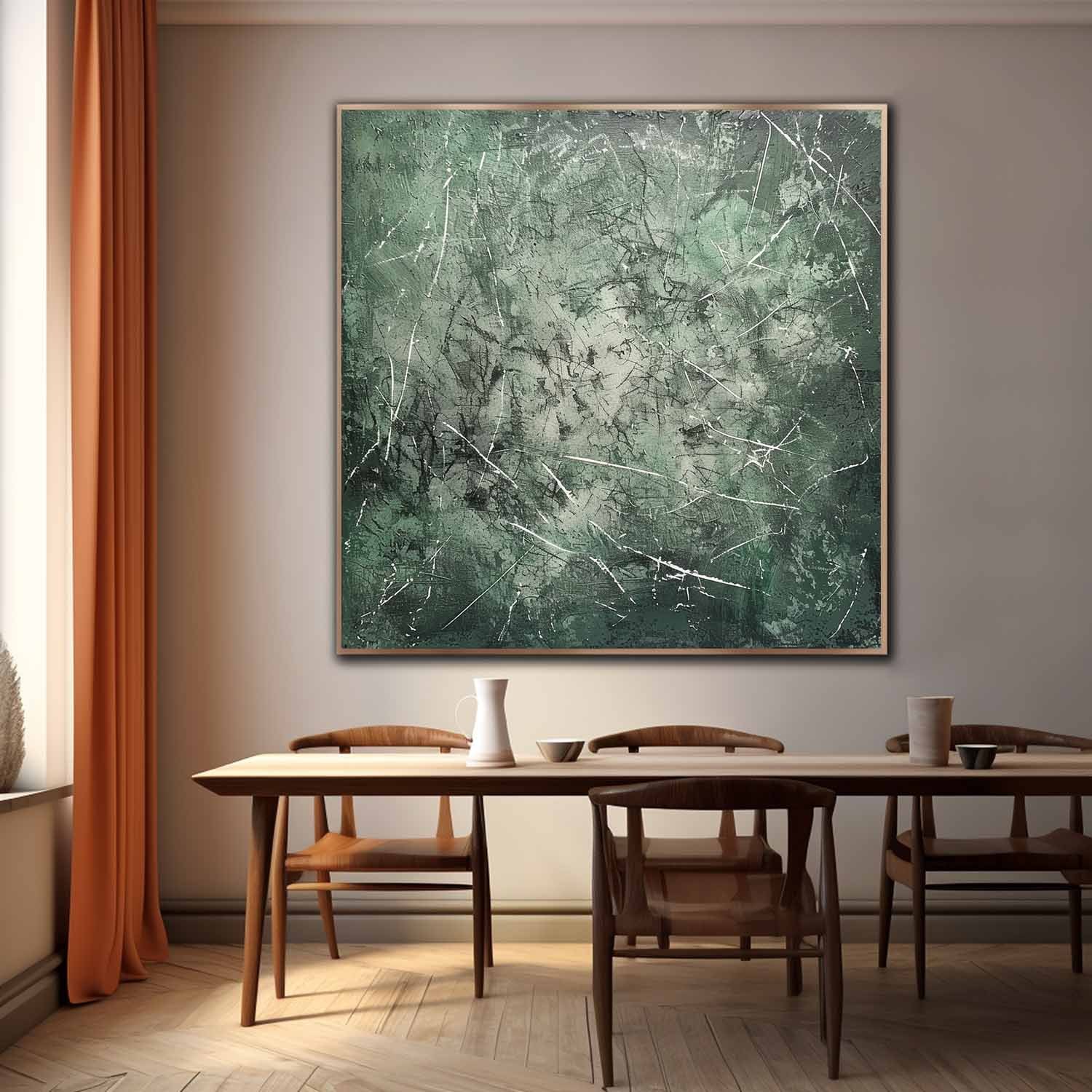 Pollock Inspired Abstract Expressionism Oil Painting – Dark Green and White Canvas Art 245AA