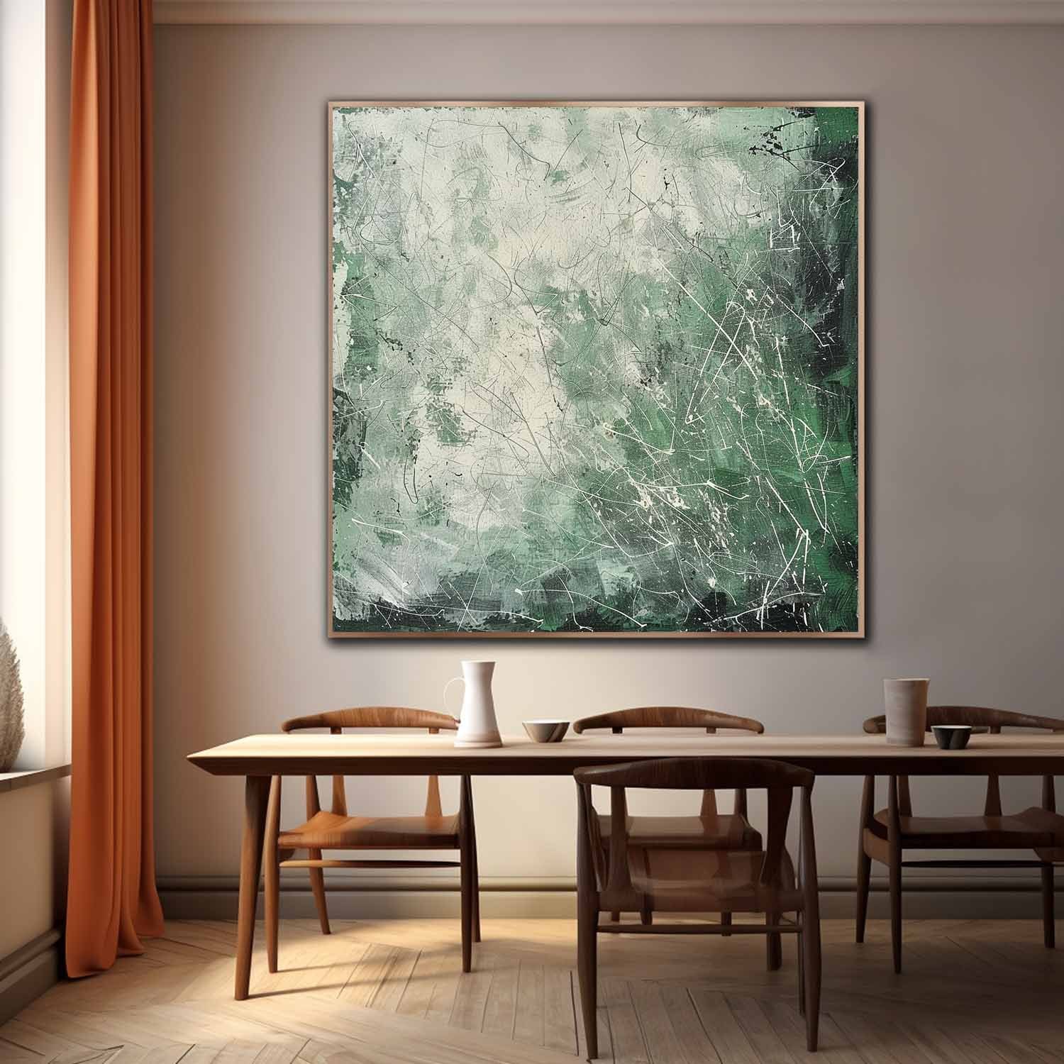 Pollock Inspired Abstract Expressionism Oil Painting – Green and White Canvas Art 244AA