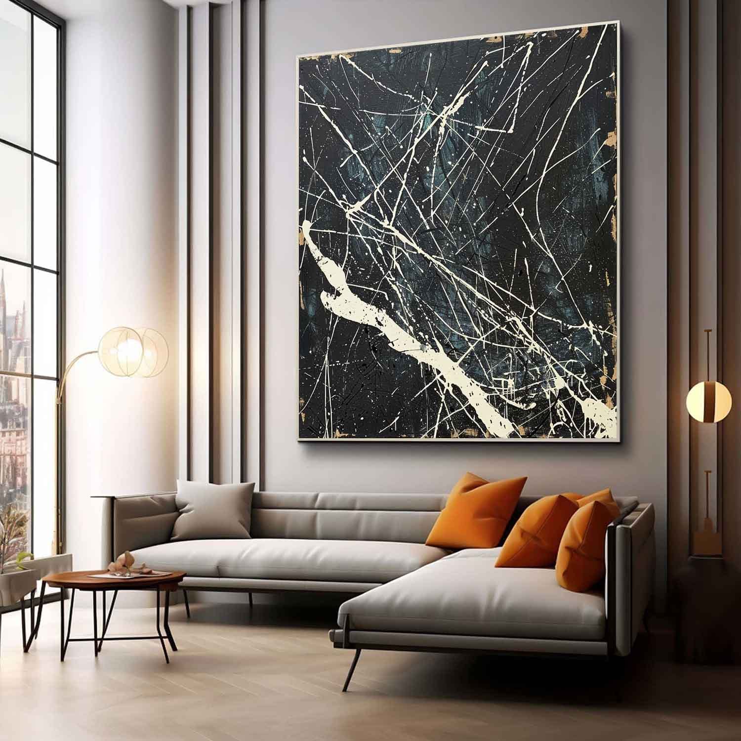 Pollock Inspired Abstract Expressionism Oil Painting – Black Canvas with White Drip Lines 243AA