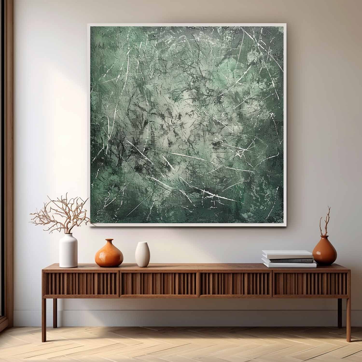 Pollock Inspired Abstract Expressionism Oil Painting – Dark Green and White Canvas Art 245AA