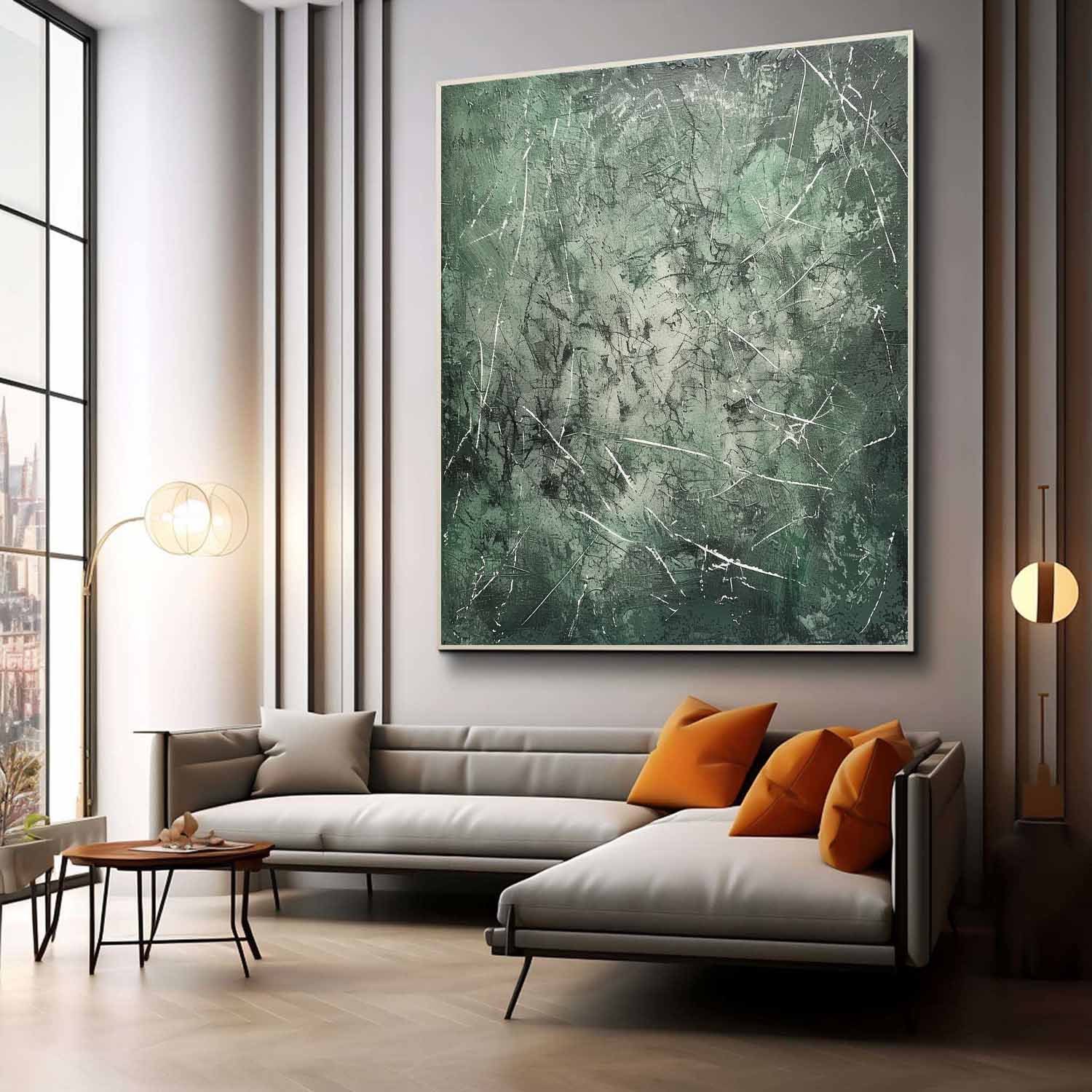 Pollock Inspired Abstract Expressionism Oil Painting – Dark Green and White Canvas Art 245AA