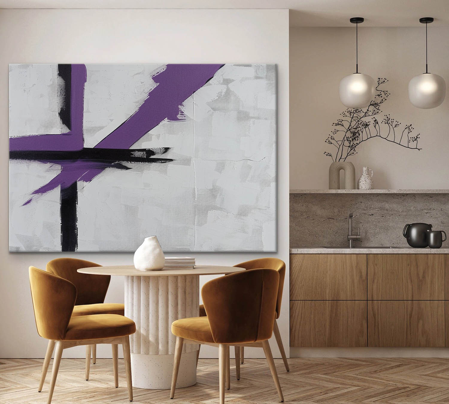 Modern Abstract Geometric Oil Painting – Black and Purple Minimalist Canvas Art 259AA