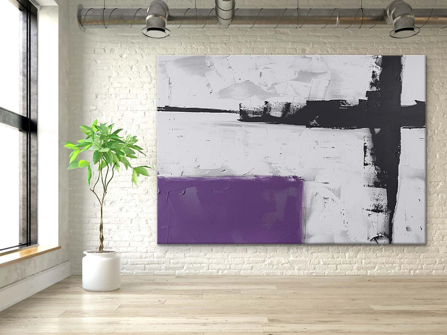 Minimalist Abstract Oil Painting – Black, White and Purple Color Block Canvas Art 249AA
