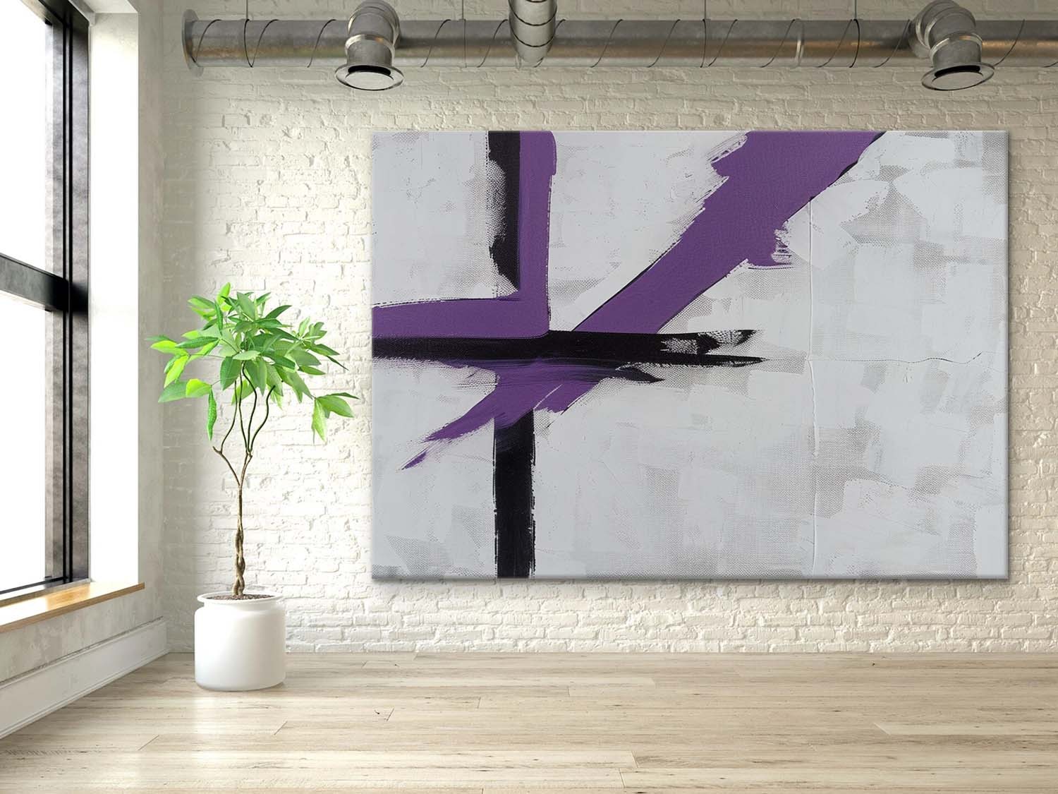 Modern Abstract Geometric Oil Painting – Black and Purple Minimalist Canvas Art 259AA