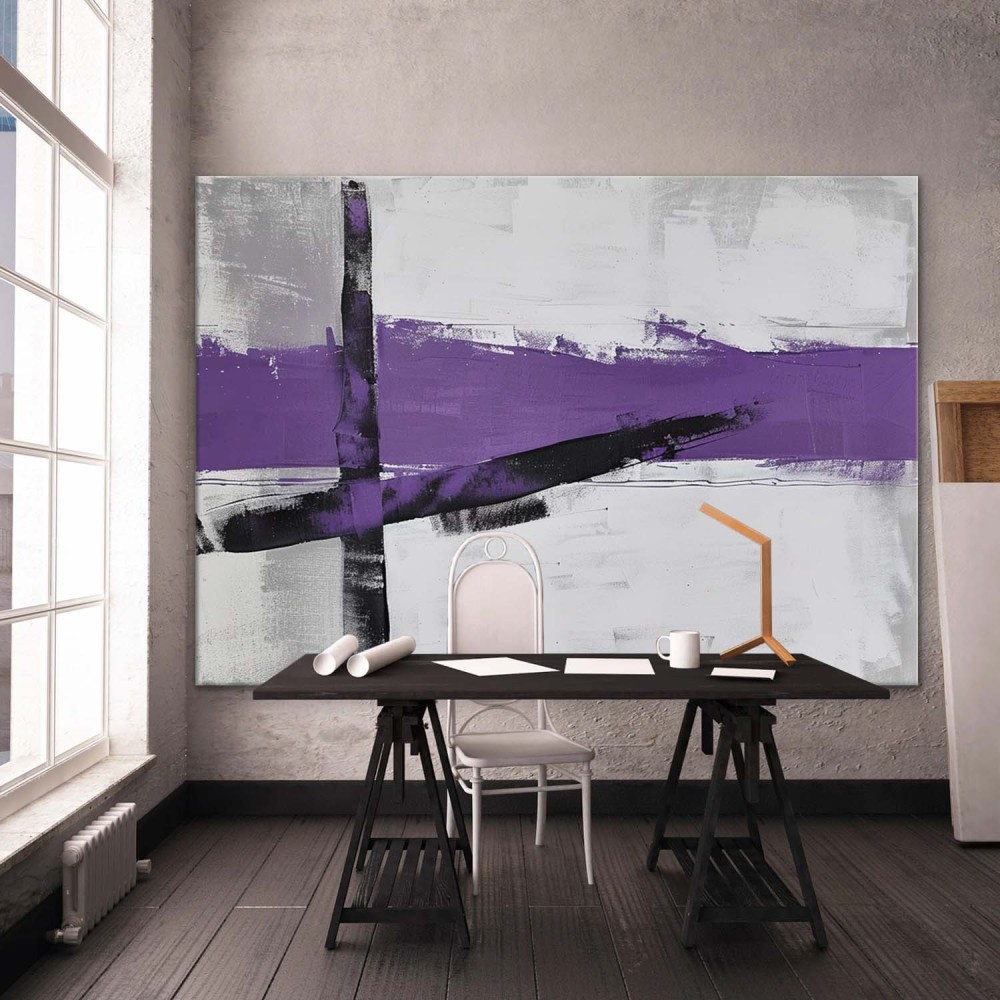 Modern Abstract Geometric Oil Painting – Black and Purple Minimalist Canvas Art 260AA