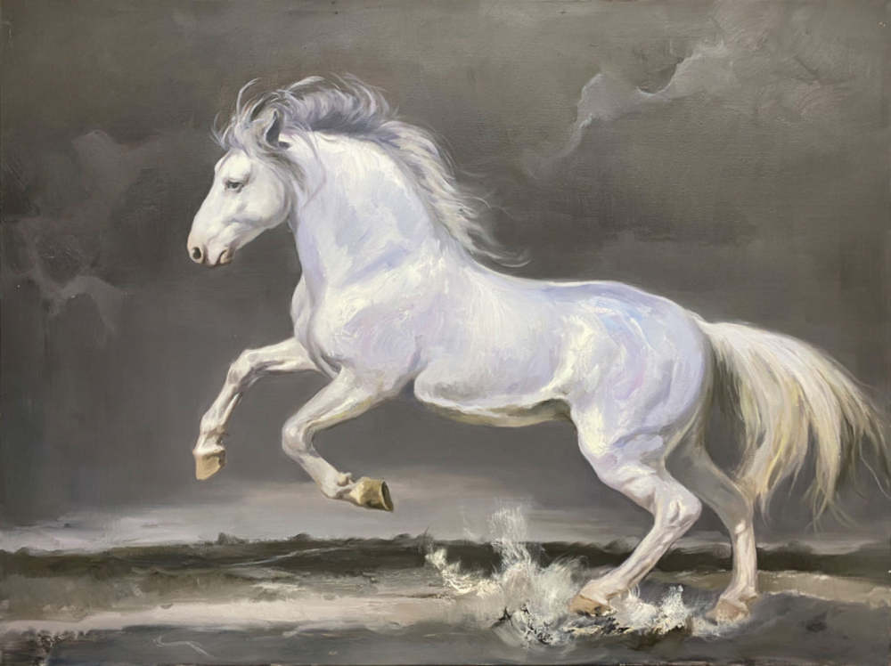 White Horse Running – Hand-Painted Animal Oil Painting Symbolizing Power and Freedom 280BR