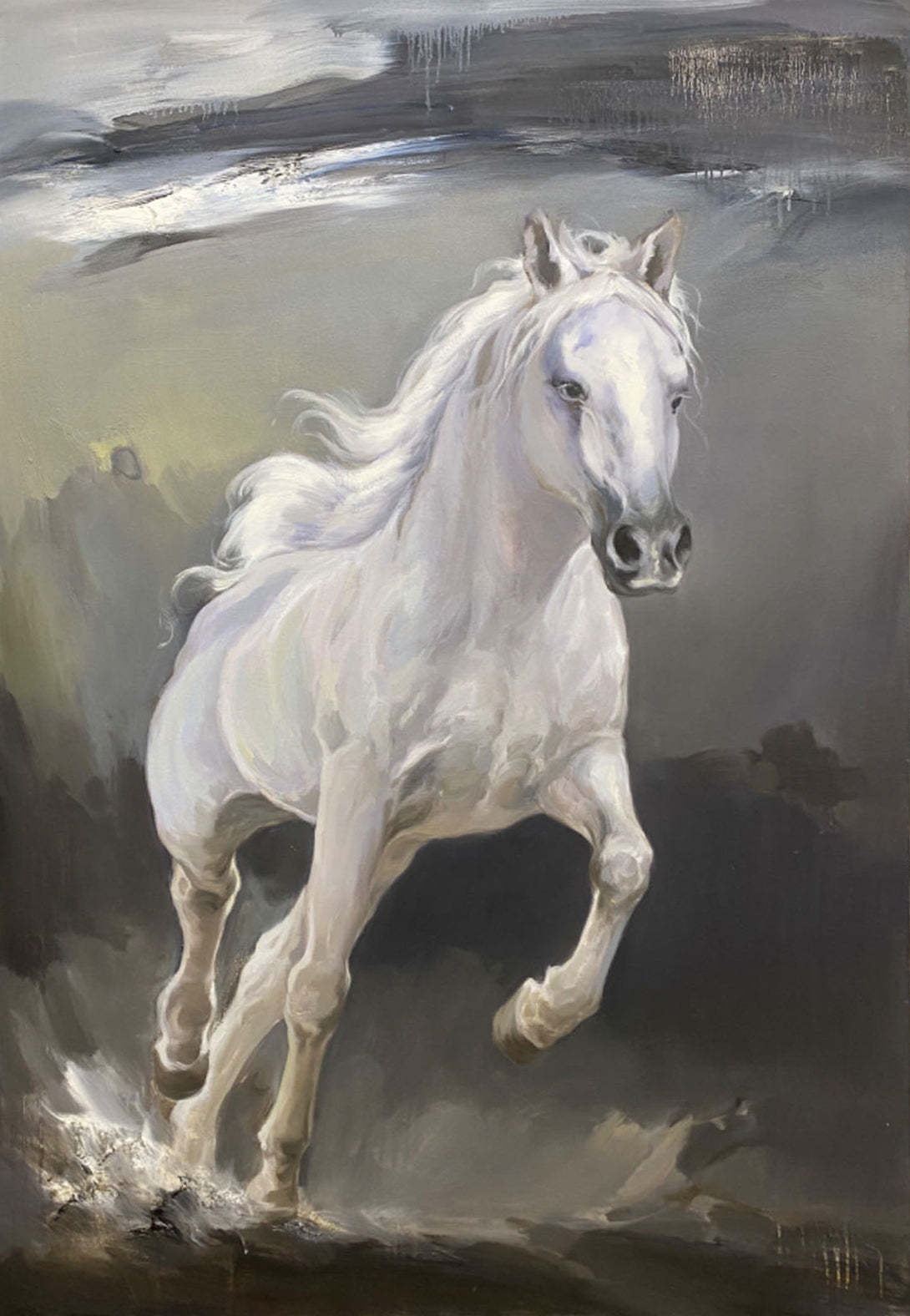 White Horse of Serenity – Hand-Painted Oil Painting Symbolizing Freedom and Grace 284BR