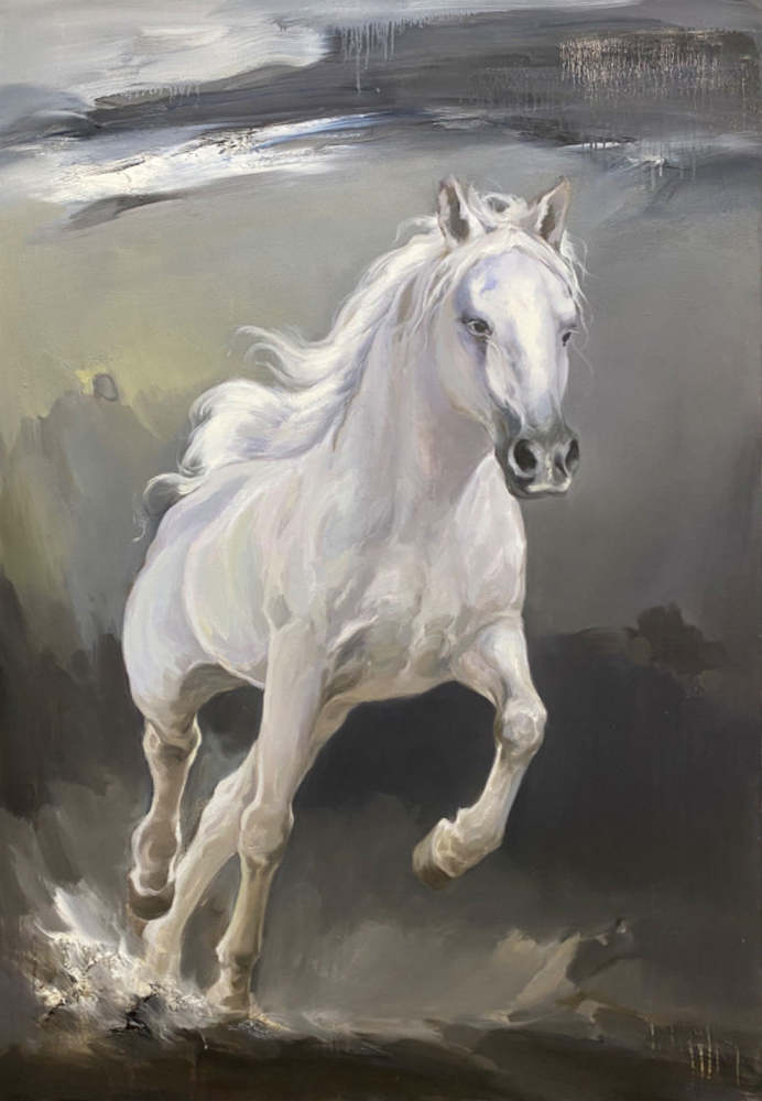 White Horse of Serenity – Hand-Painted Oil Painting Symbolizing Freedom and Grace 284BR