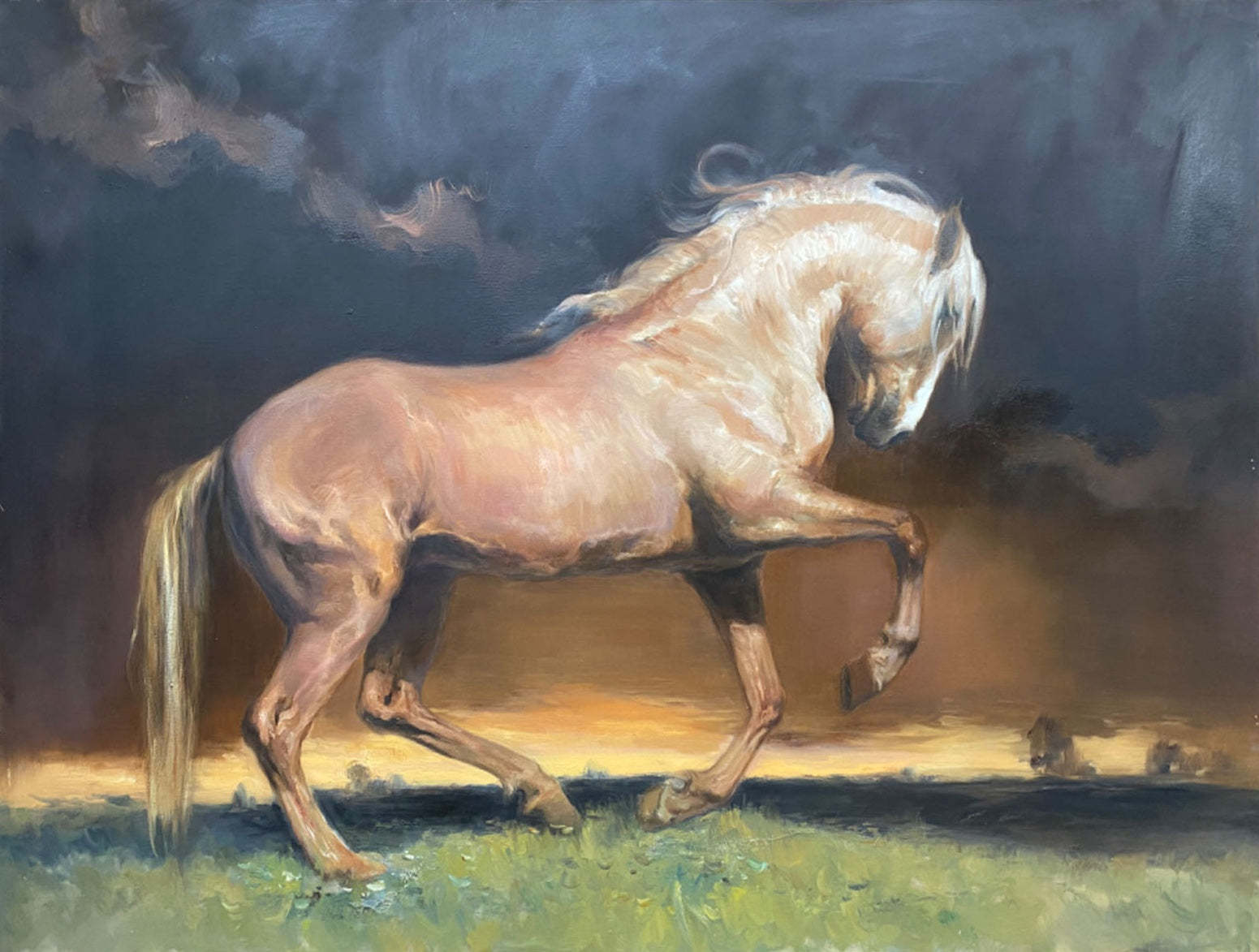 Golden Horse at Sunset – Hand-Painted Oil Painting of Strength and Elegance 281BR