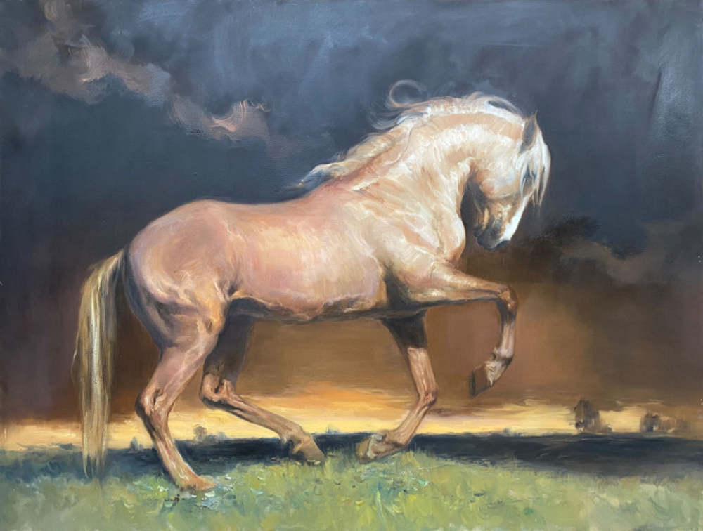 Golden Horse at Sunset – Hand-Painted Oil Painting of Strength and Elegance 281BR