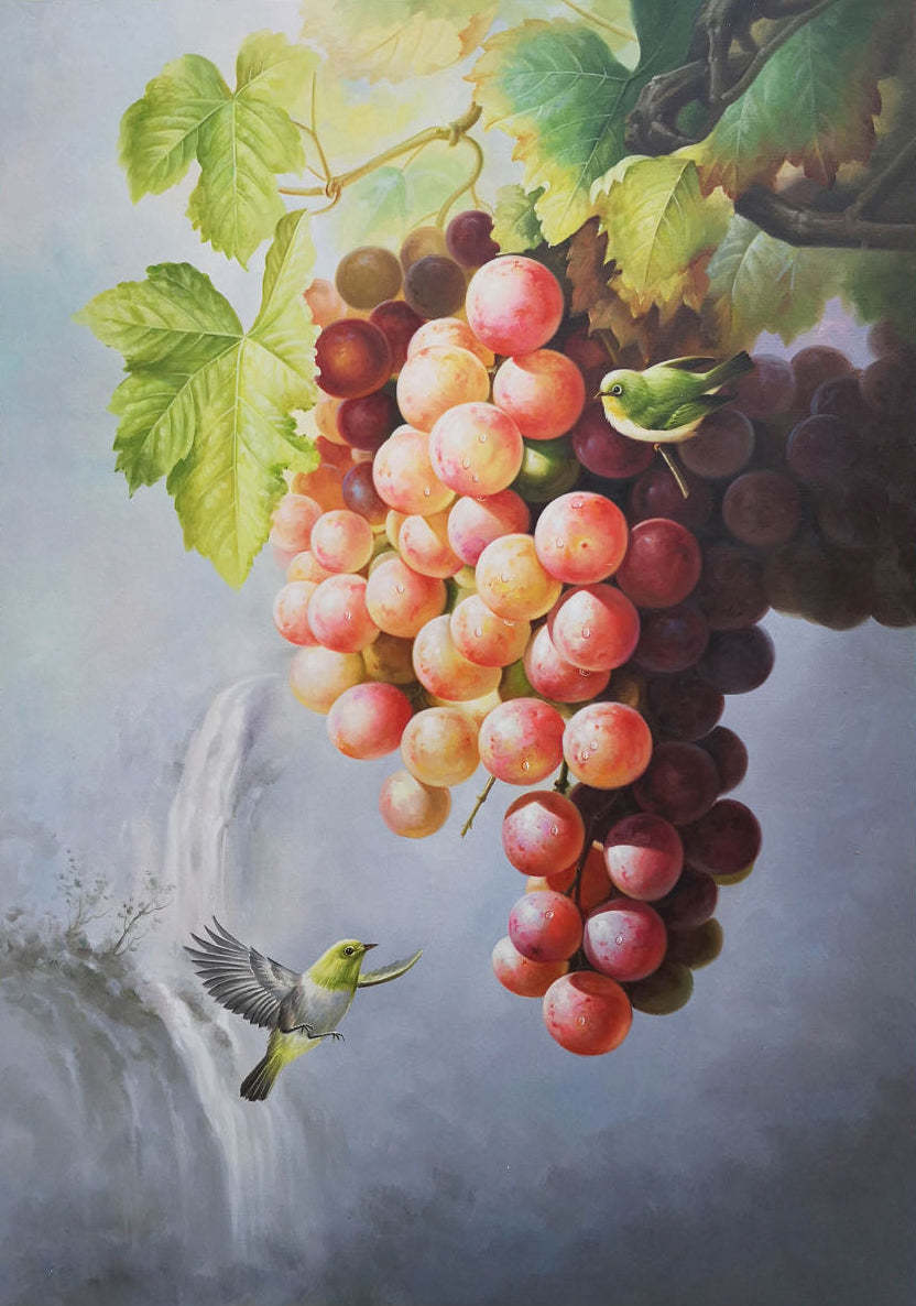 Bird and Grape Oil Painting – Hand-Painted Realism Artwork with Nature Scene 287R