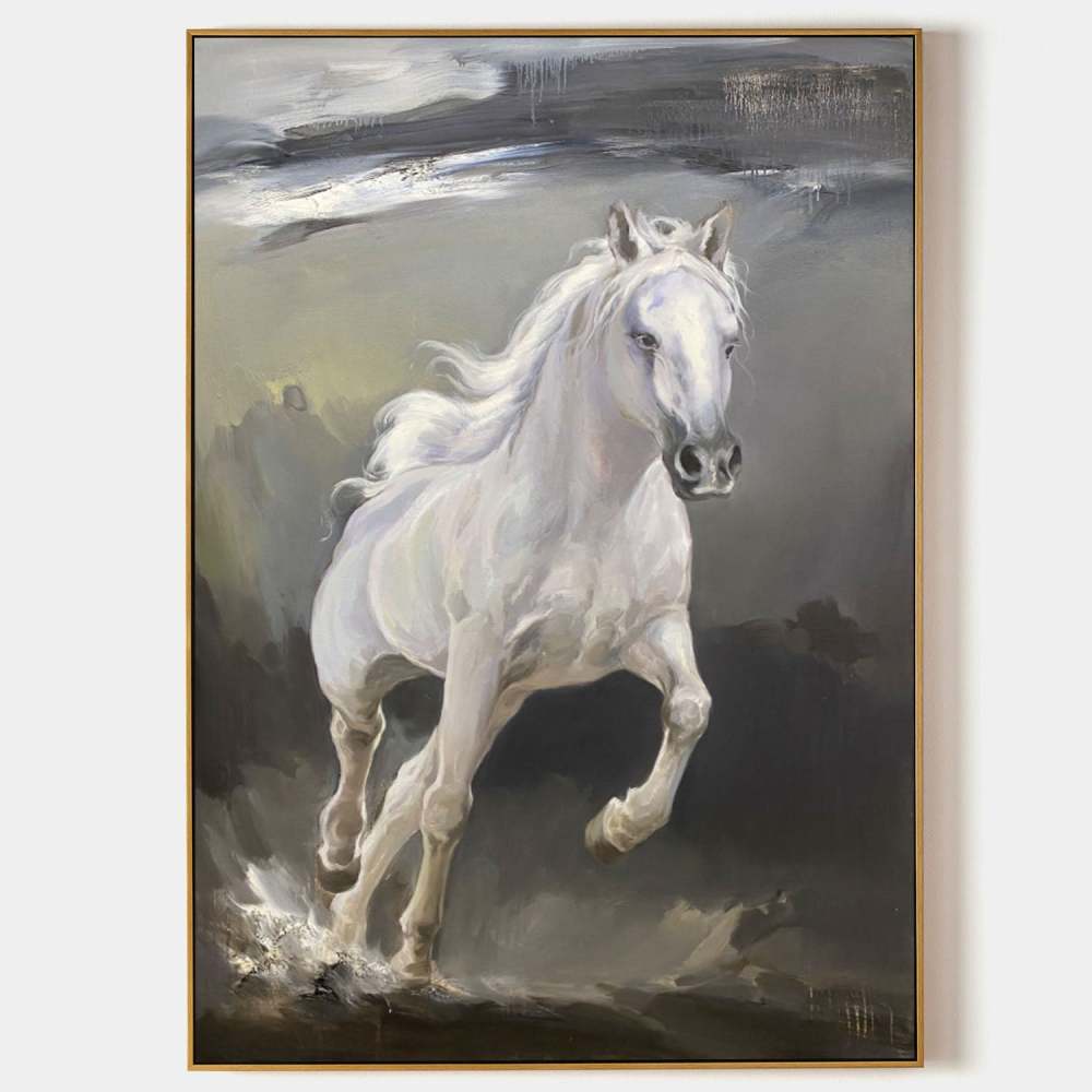 White Horse of Serenity – Hand-Painted Oil Painting Symbolizing Freedom and Grace 284BR