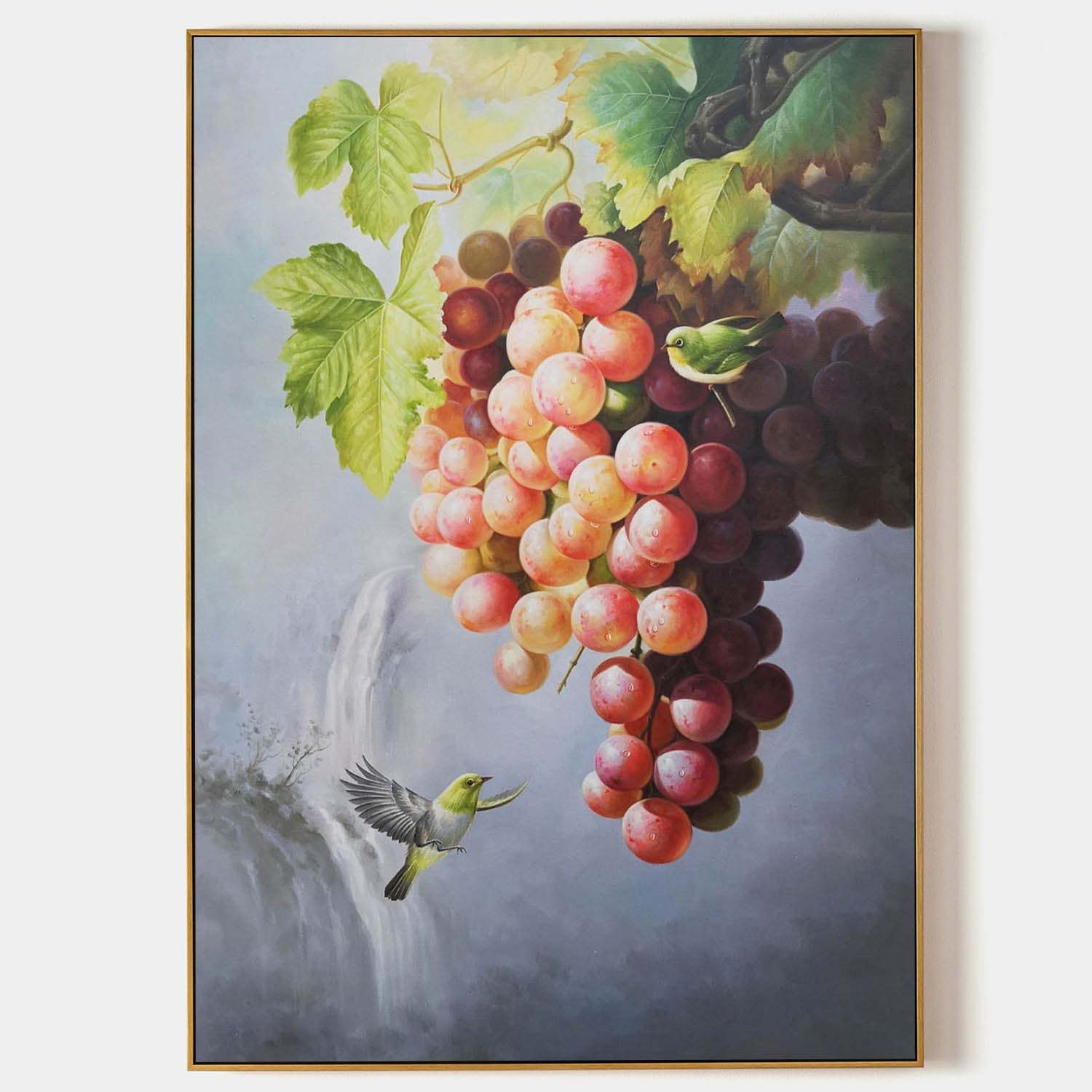 Bird and Grape Oil Painting – Hand-Painted Realism Artwork with Nature Scene 287R