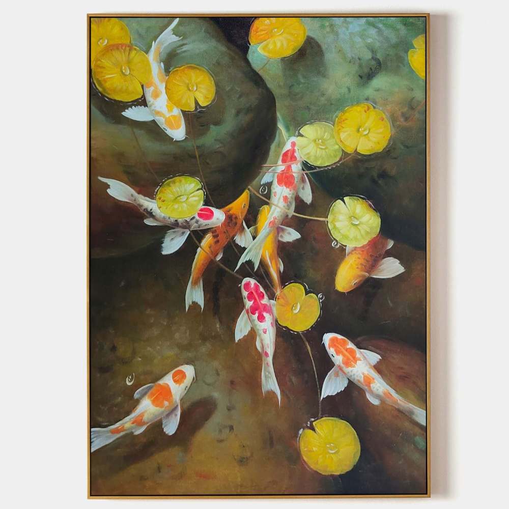 Koi Fish and Lotus Leaves – Hand-Painted Oil Painting Symbolizing Luck and Prosperity 279BR