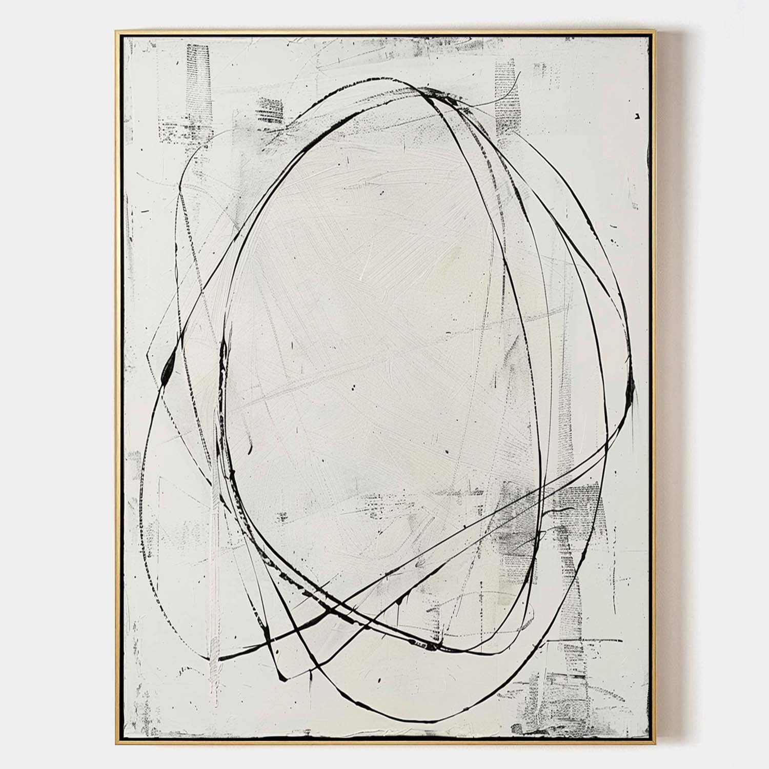 Minimalist Abstract Line Art Oil Painting – Black Circular Strokes on White Canvas 252AA