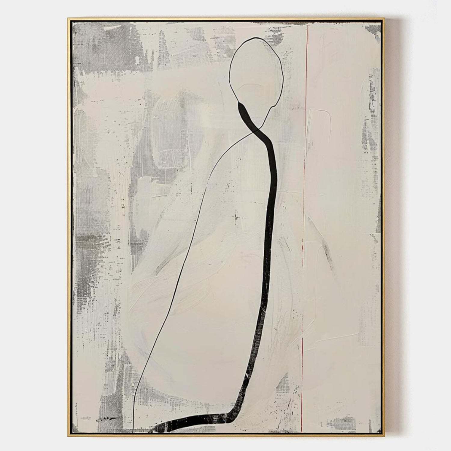 Minimalist Figurative Line Art Oil Painting – Black and White Abstract Canvas 253AA