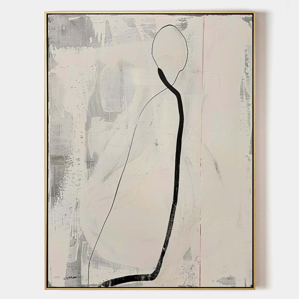 Minimalist Figurative Line Art Oil Painting – Black and White Abstract Canvas 253AA