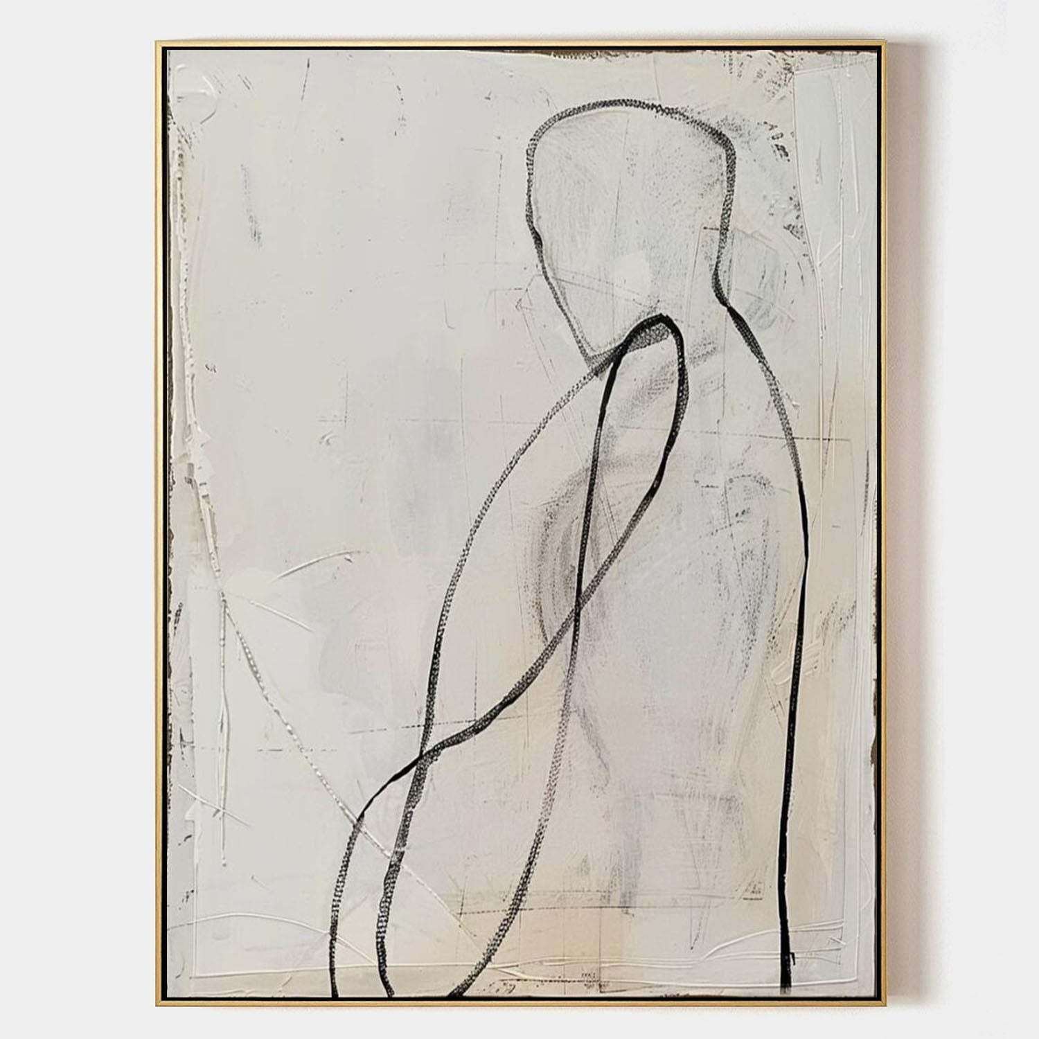 Minimalist Figurative Line Art Oil Painting – Black and White Abstract Canvas 253AA