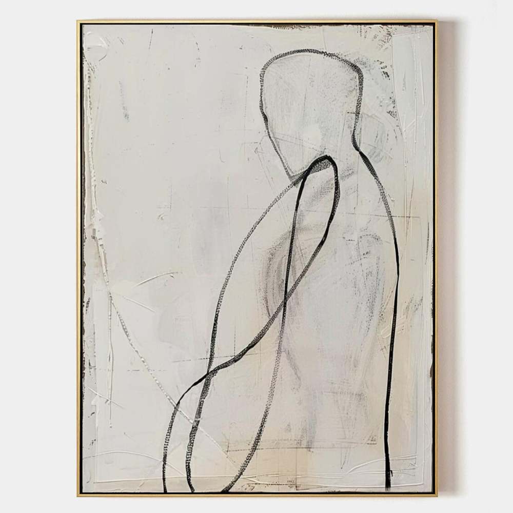 Minimalist Figurative Line Art Oil Painting – Black and White Abstract Canvas 253AA