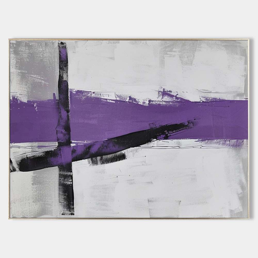 Modern Abstract Geometric Oil Painting – Black and Purple Minimalist Canvas Art 260AA
