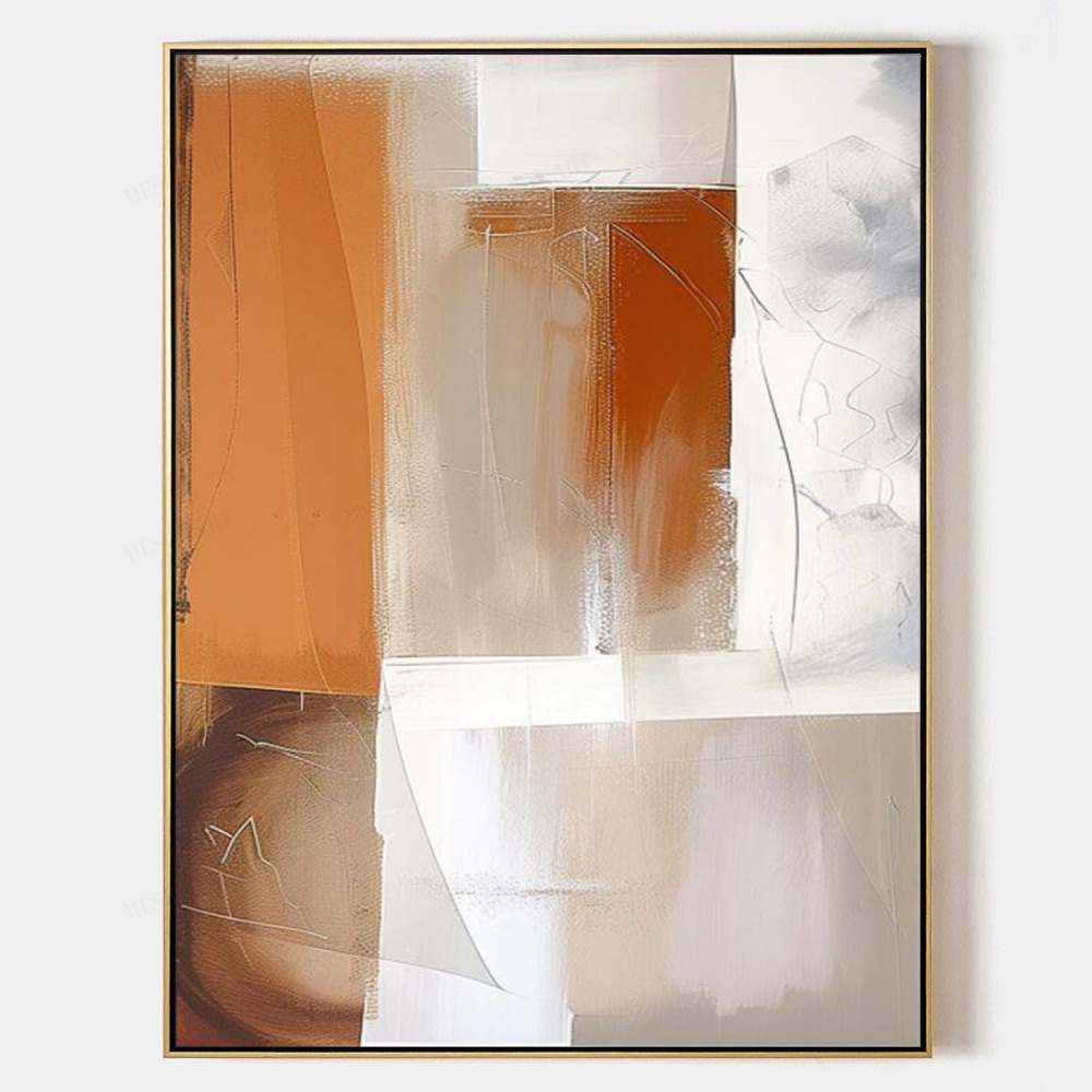 Modern Abstract Oil Painting – Brown, Beige and White Geometric Canvas Art 258AA