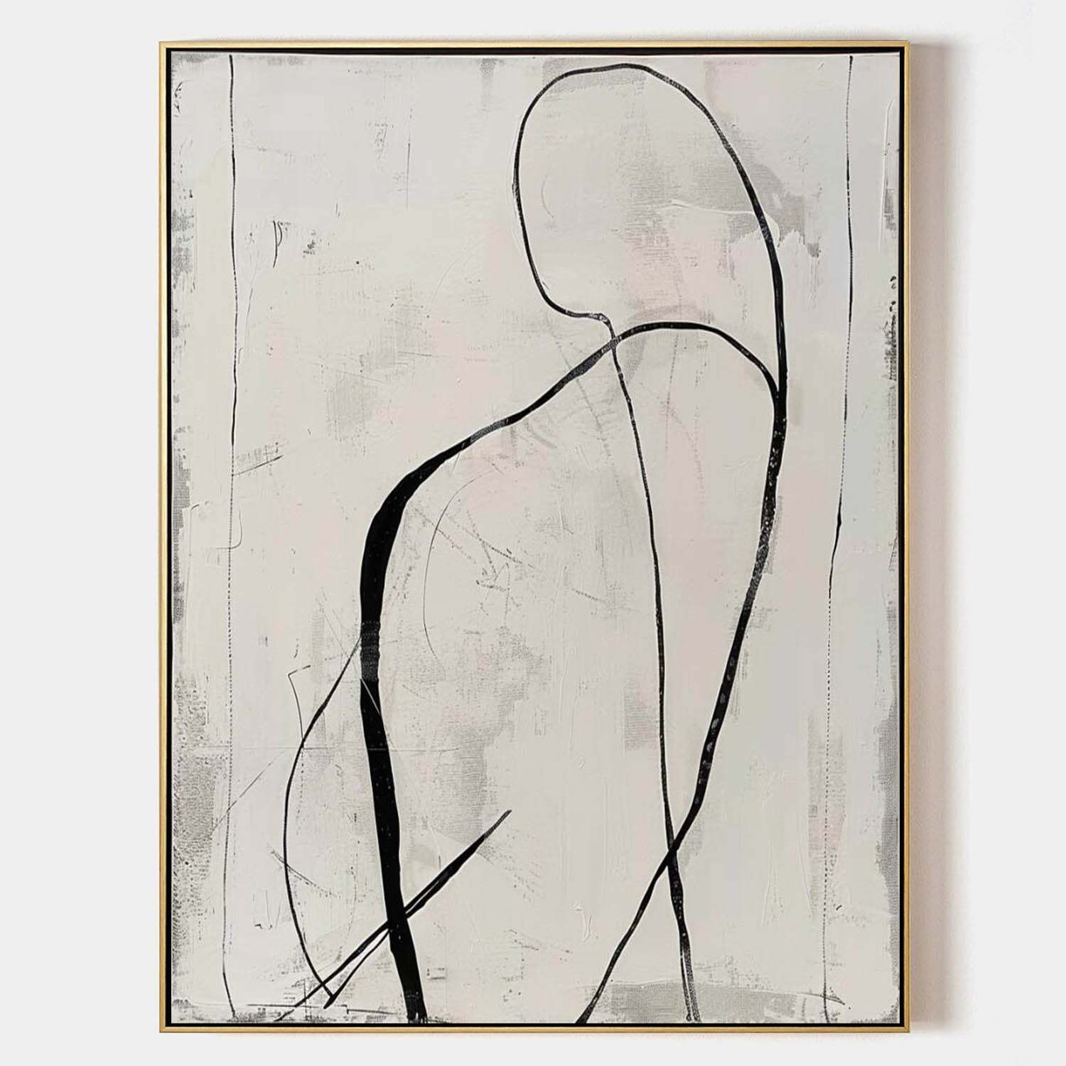 Minimalist Figurative Line Art Oil Painting – Abstract Black and White Human Form Canvas 255AA