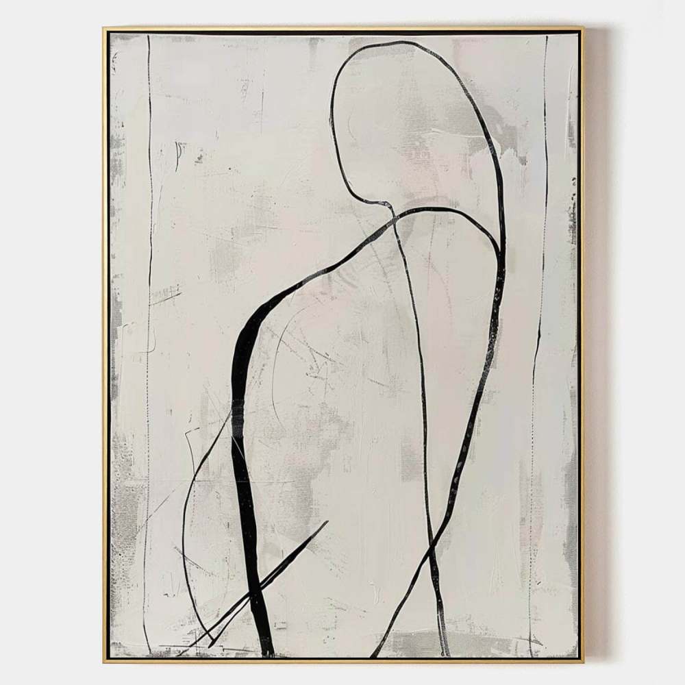 Minimalist Figurative Line Art Oil Painting – Abstract Black and White Human Form Canvas 255AA