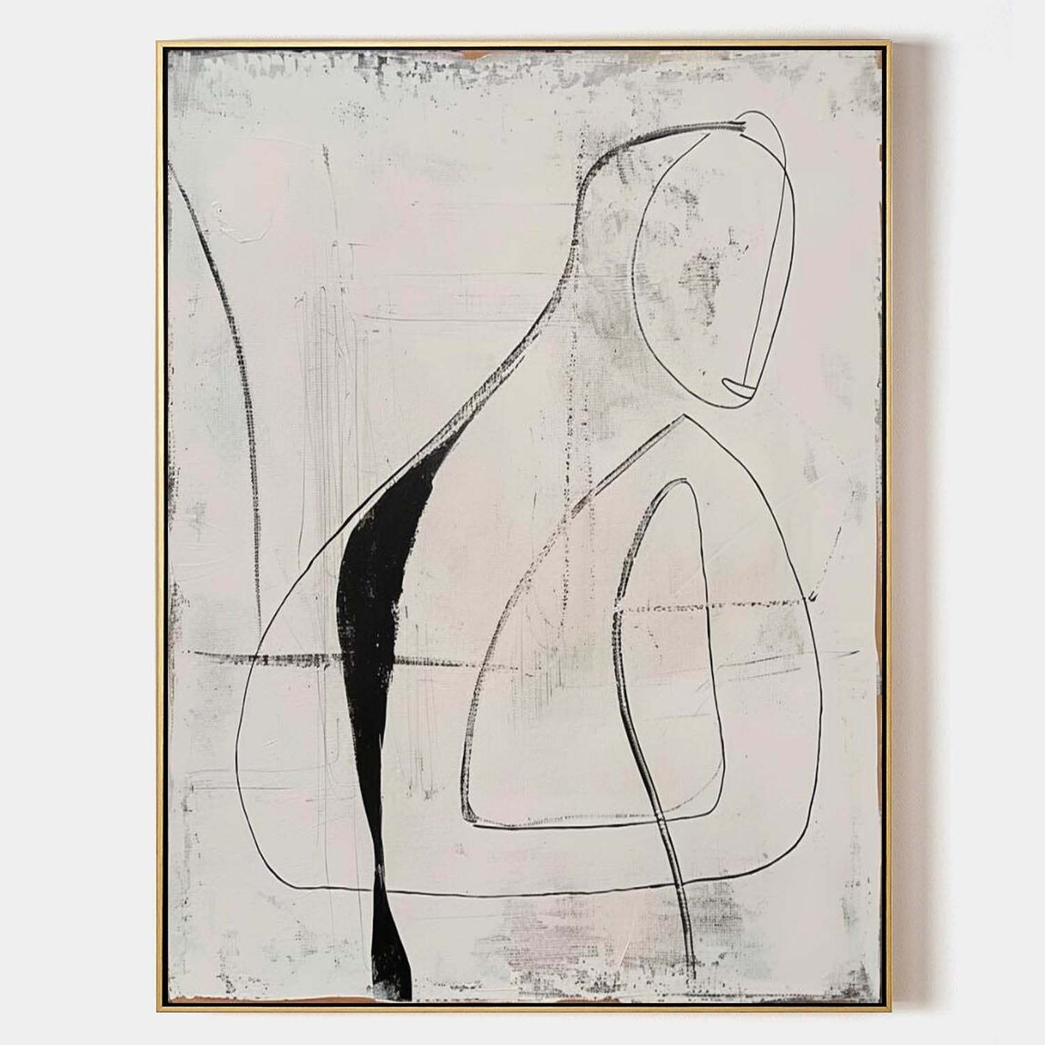Minimalist Line Art Abstract Oil Painting – Black and White Figurative Canvas 250AA