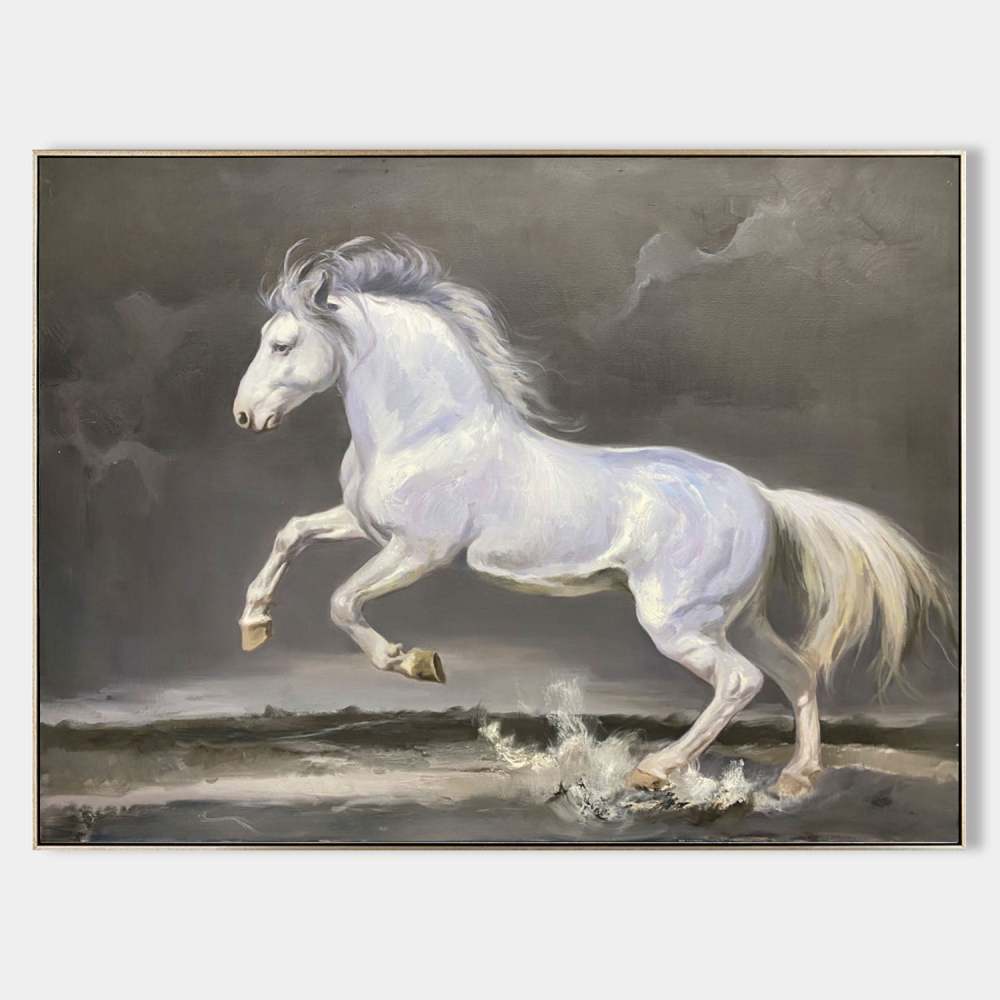 White Horse Running – Hand-Painted Animal Oil Painting Symbolizing Power and Freedom 280BR