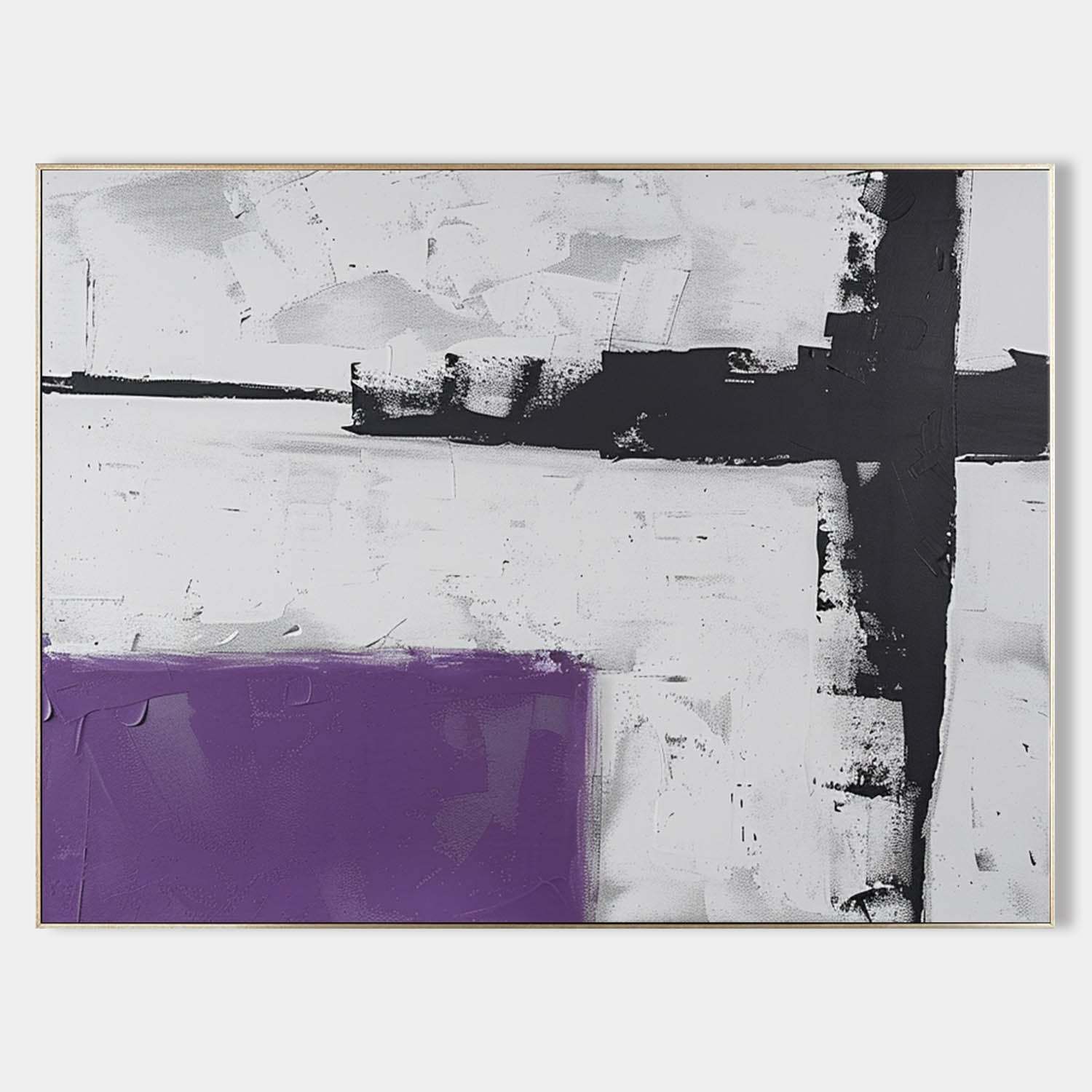 Minimalist Abstract Oil Painting – Black, White and Purple Color Block Canvas Art 249AA