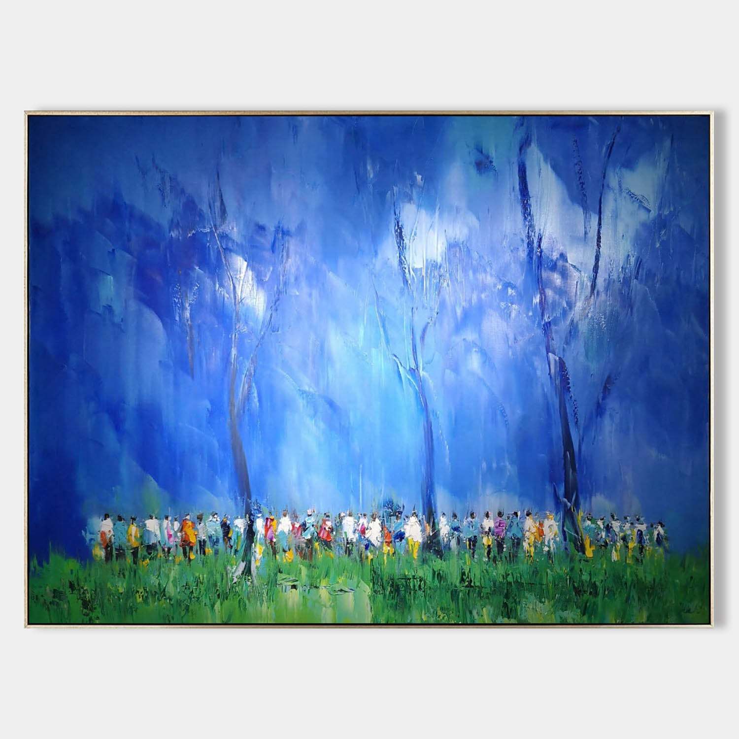 Blue Forest Crowd – Hand-Painted Impressionist Landscape Oil Painting on Canvas 269BR