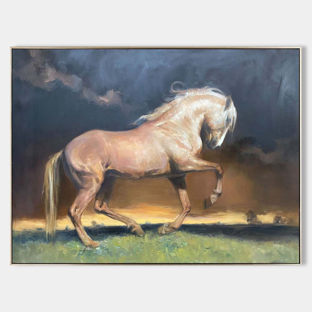Golden Horse at Sunset – Hand-Painted Oil Painting of Strength and Elegance 281BR