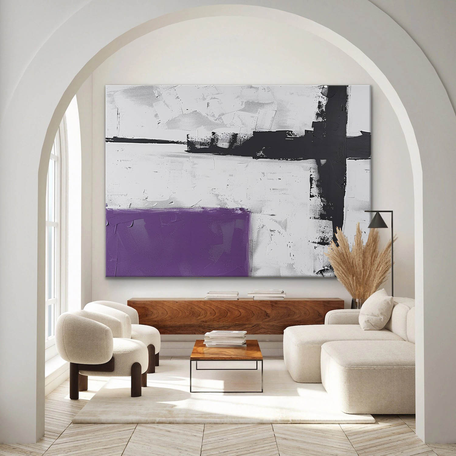 Minimalist Abstract Oil Painting – Black, White and Purple Color Block Canvas Art 249AA
