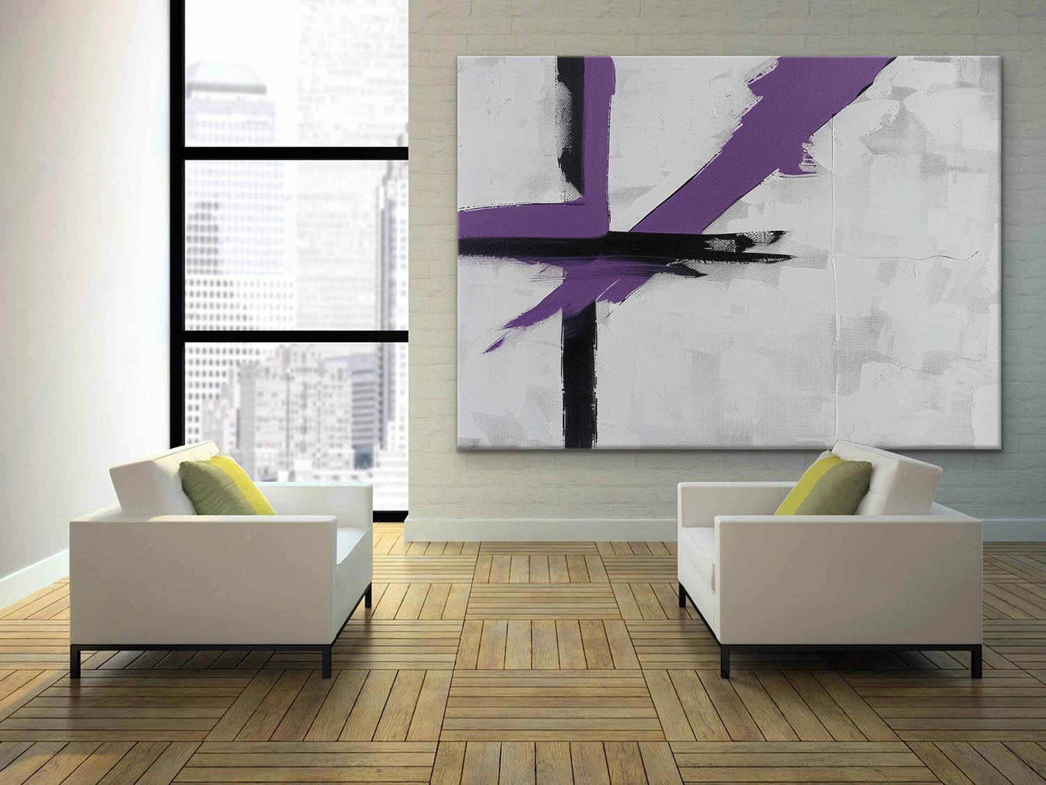 Modern Abstract Geometric Oil Painting – Black and Purple Minimalist Canvas Art 259AA