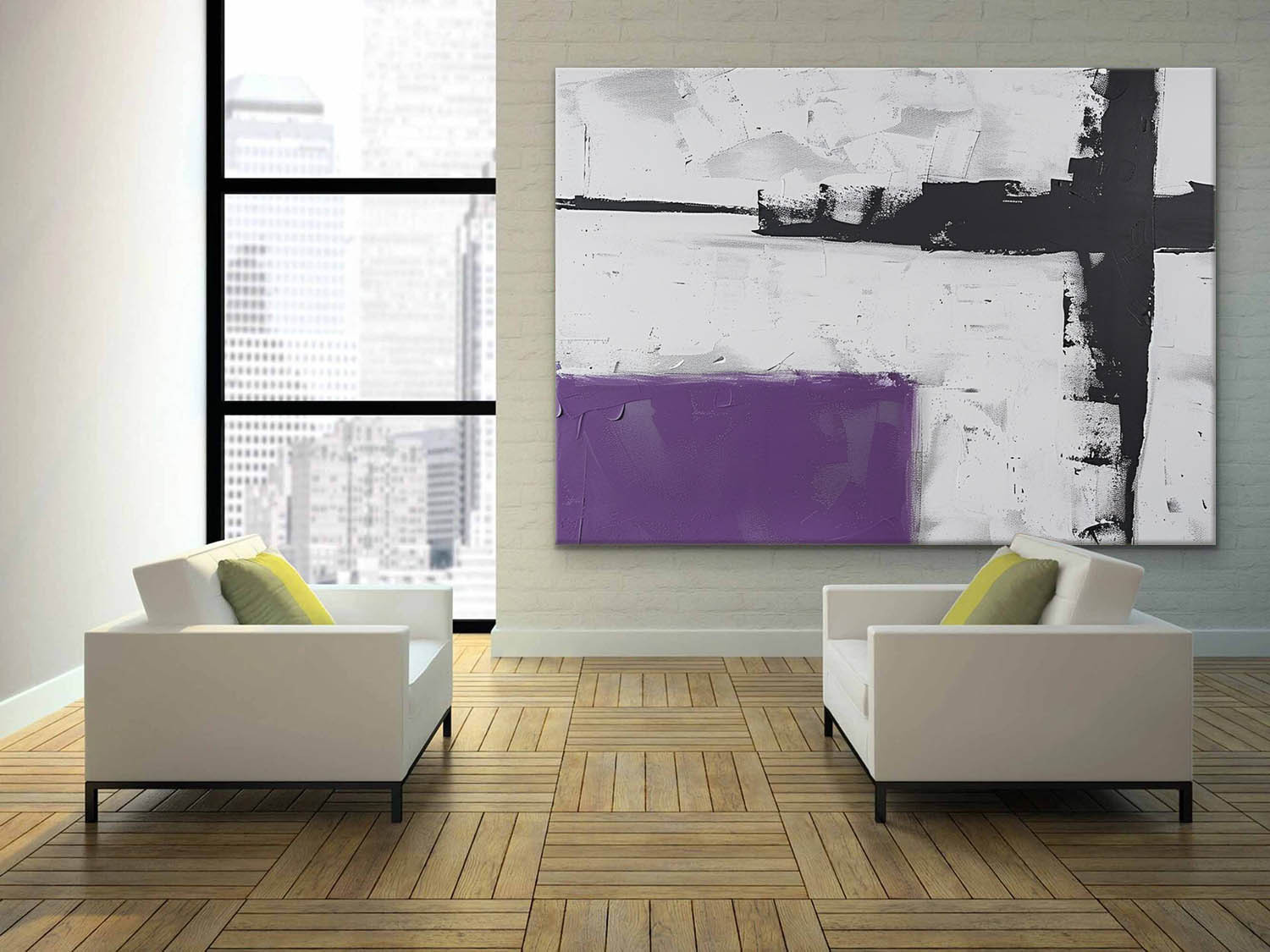Minimalist Abstract Oil Painting – Black, White and Purple Color Block Canvas Art 249AA